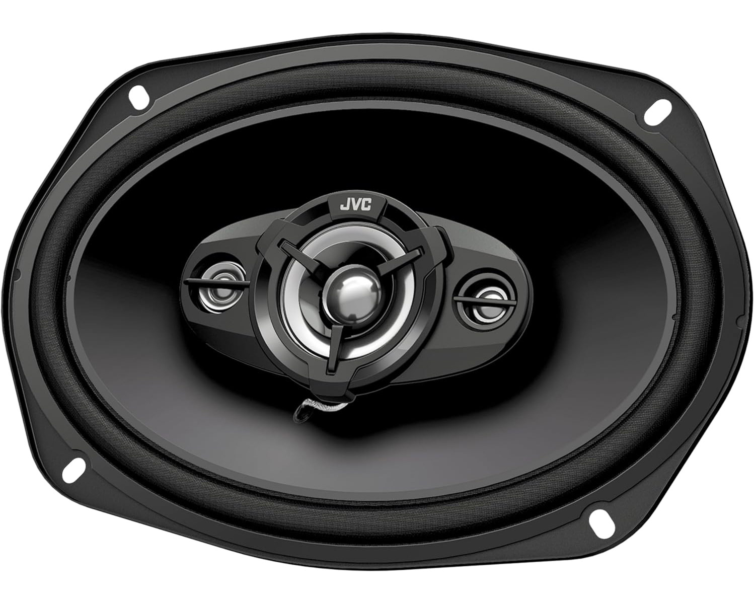 Ovaler JVC Lautsprecher mit schwarzem Gitter und silbernen Akzenten.