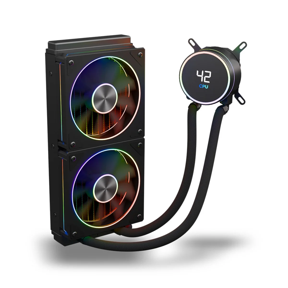 Un dissipatore CPU nero con due ventole RGB e una testa pompa rotonda che mostra '42 CPU'.