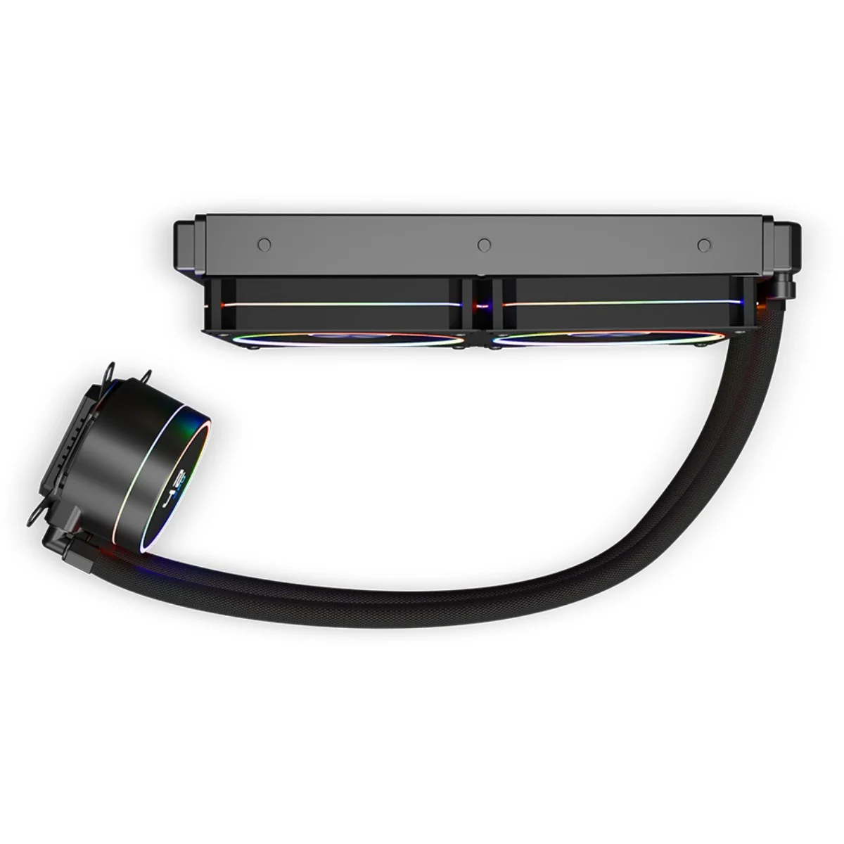 Un dissipatore CPU nero con ventole e tubi RGB su sfondo bianco.
