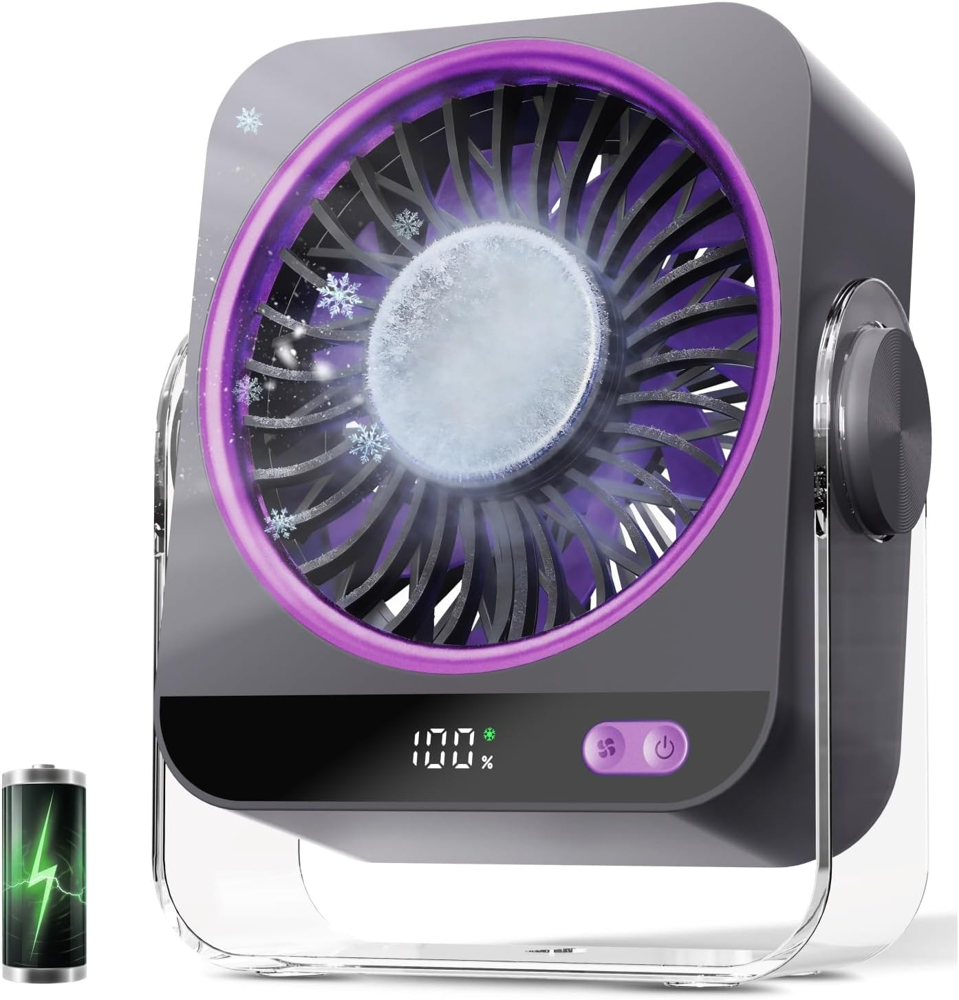 Grauer tragbarer Ventilator mit lila Licht, Digitalanzeige (100%) und Akkusymbol.