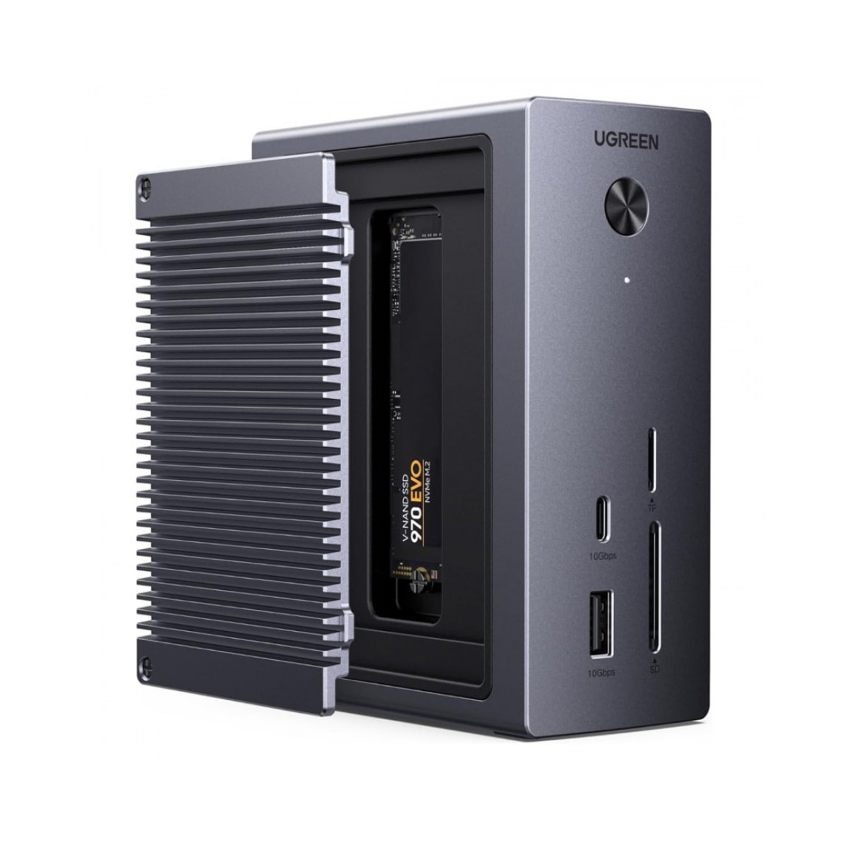Box UGREEN grigio per SSD con pannello laterale aperto, mostra un SSD.