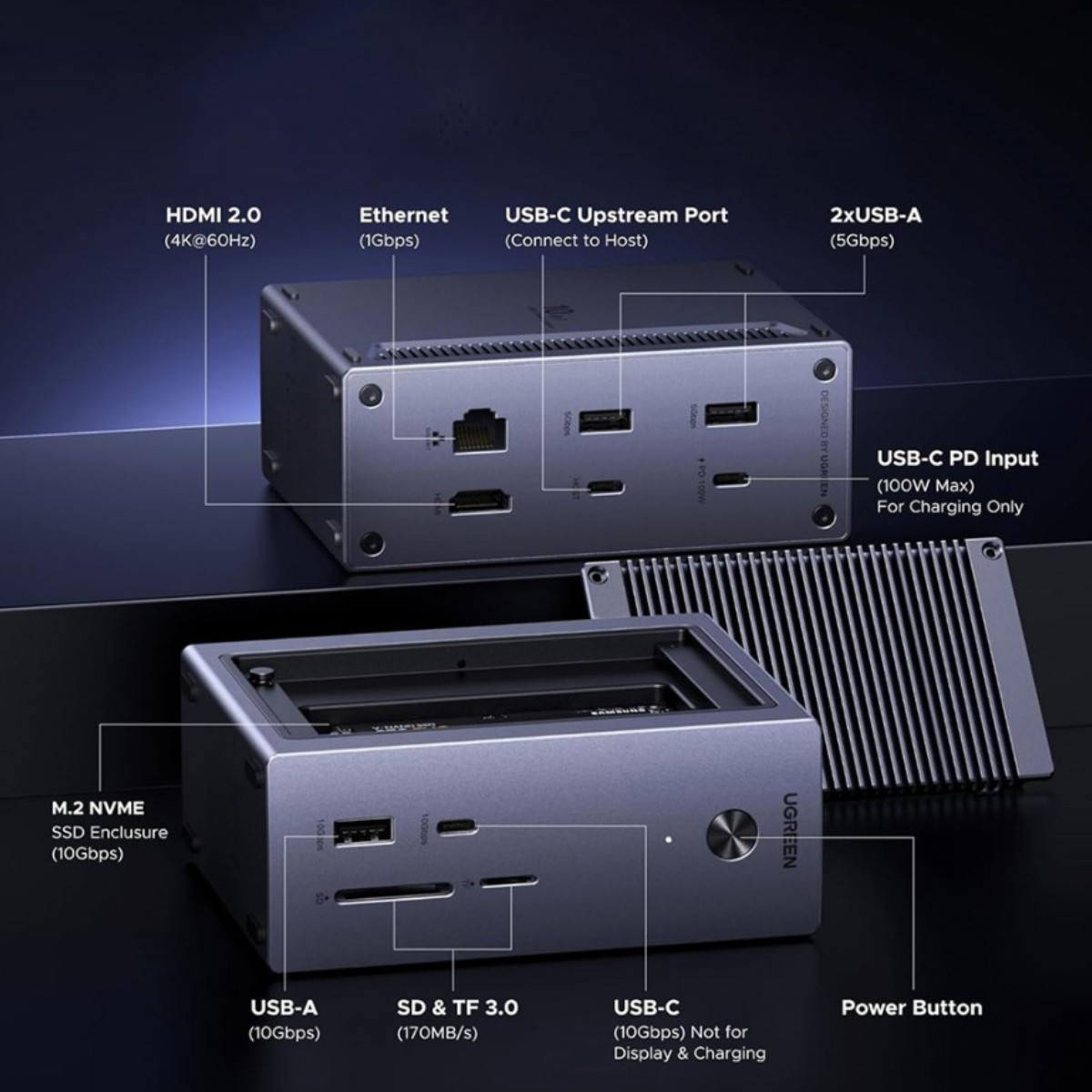 Un supporto docking station grigio con più porte, tra cui HDMI, Ethernet e USB-C.