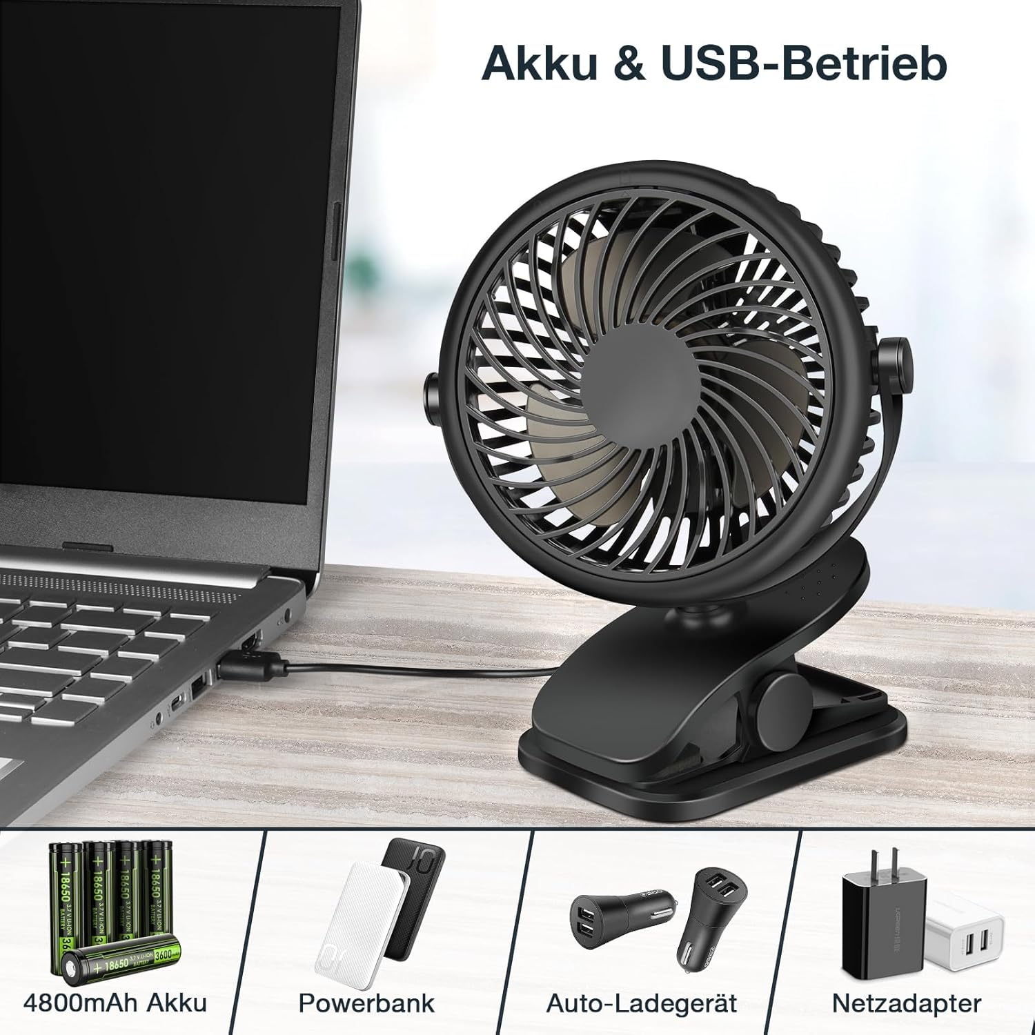 Ein schwarzer USB-Ventilator klemmt an einem Laptop. Unten sind Akkus, Powerbank, Kfz-Ladegerät und Netzadapter.