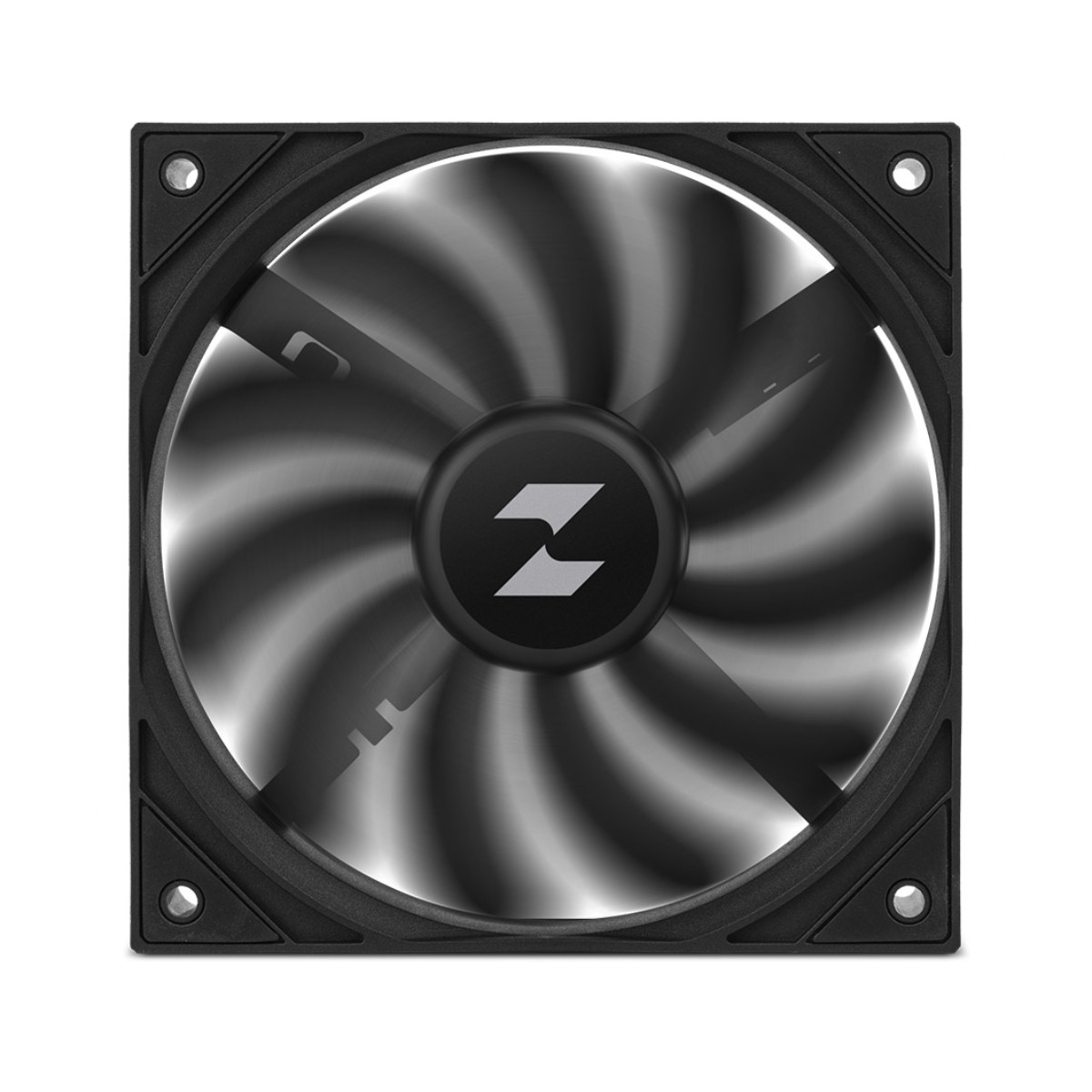 Una ventola per computer nera con logo Z argentato sul mozzo centrale.
