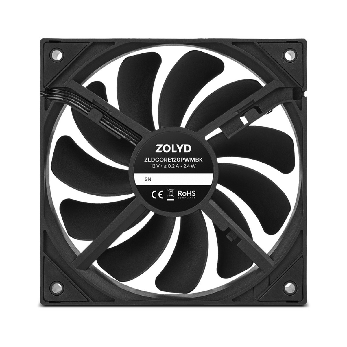Ventola per computer nera con 9 pale e un'etichetta centrale con logo ZOLYD e specifiche.