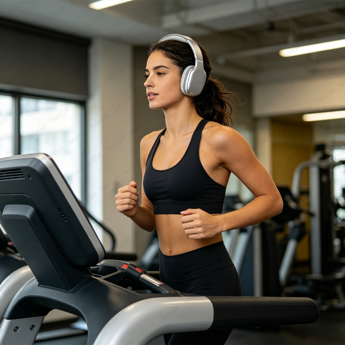 Eine Frau mit Kopfhörern läuft auf einem Laufband in einem Fitnessstudio.