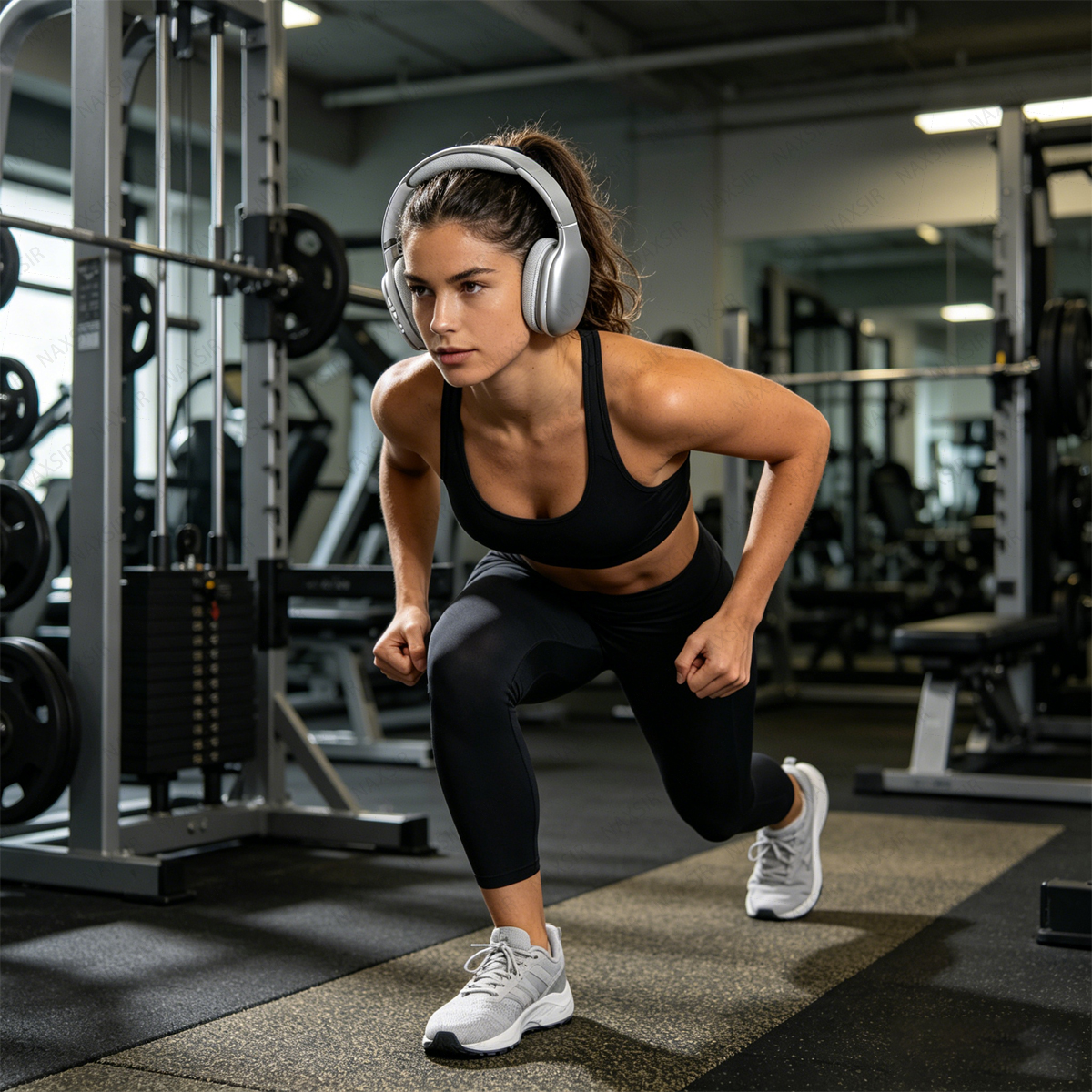 Frau mit Kopfhörern macht einen Ausfallschritt in einem Fitnessstudio.