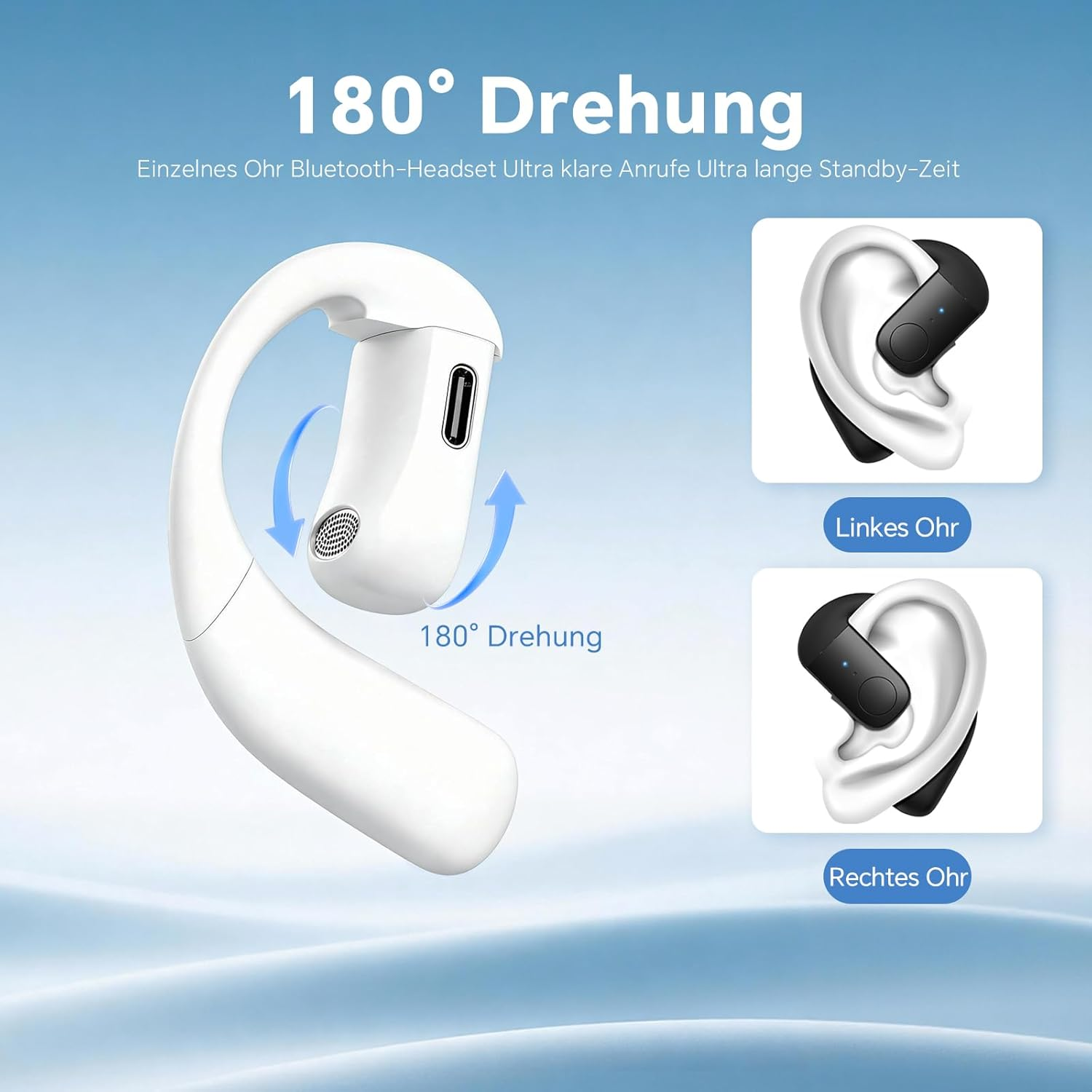 Ein weißes Bluetooth-Headset mit 180° Drehung, gezeigt im linken und rechten Ohr.