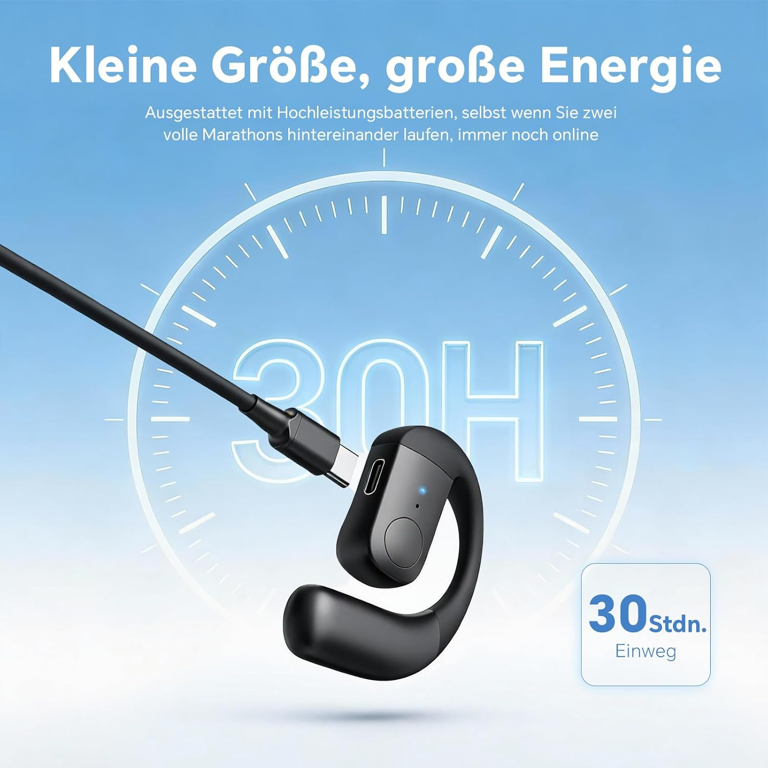 Ein schwarzer Ohrhörer mit einem Ladekabel und einer Uhranzeige.