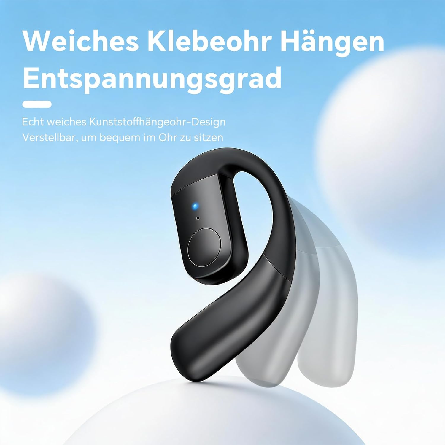 Schwarzes, flexibles Hängeohr-Headset mit blauem Licht auf blauem Hintergrund.
