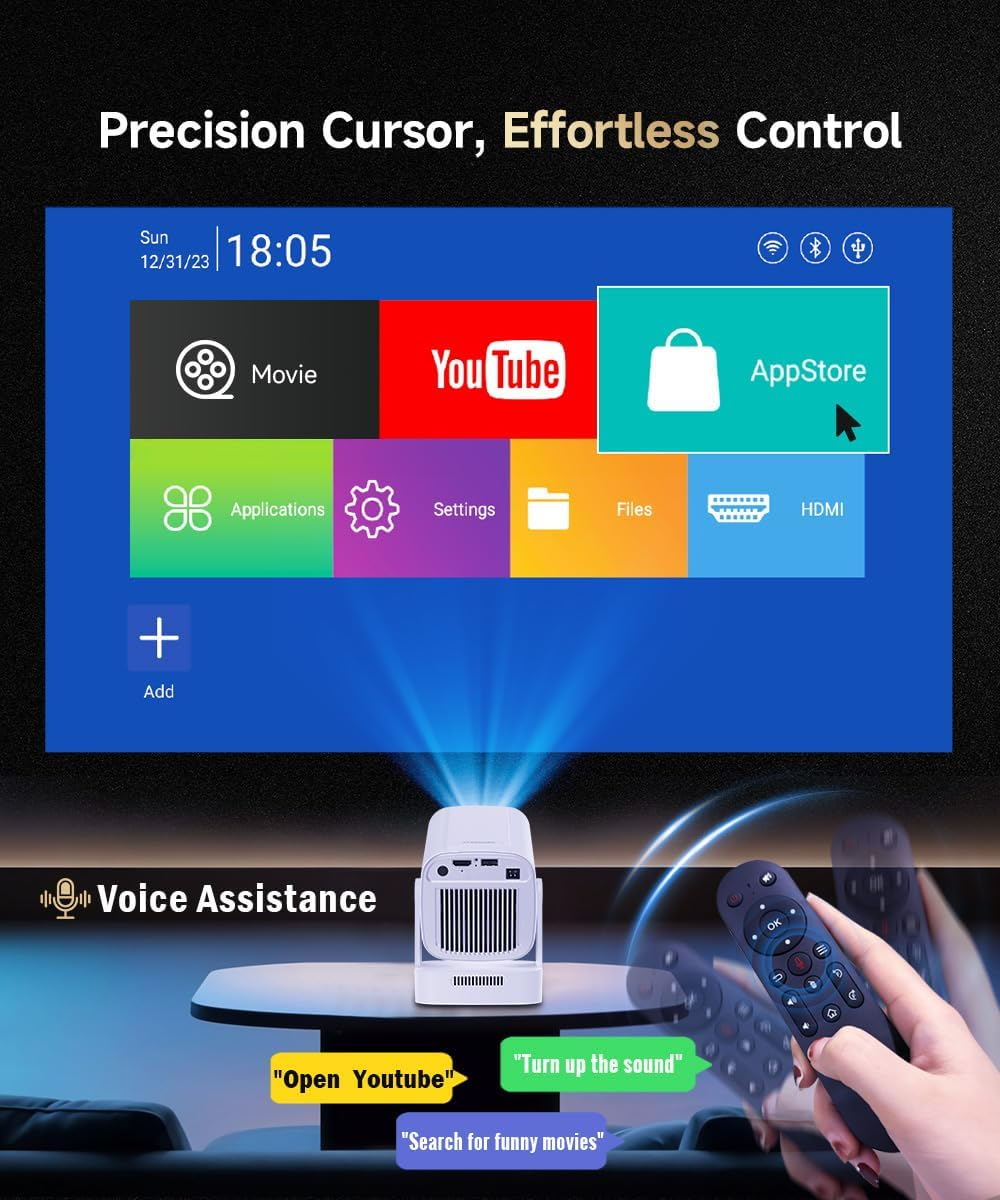 Ein Projektor zeigt ein Menü mit Apps wie YouTube und AppStore. Eine Fernbedienung ist zu sehen.