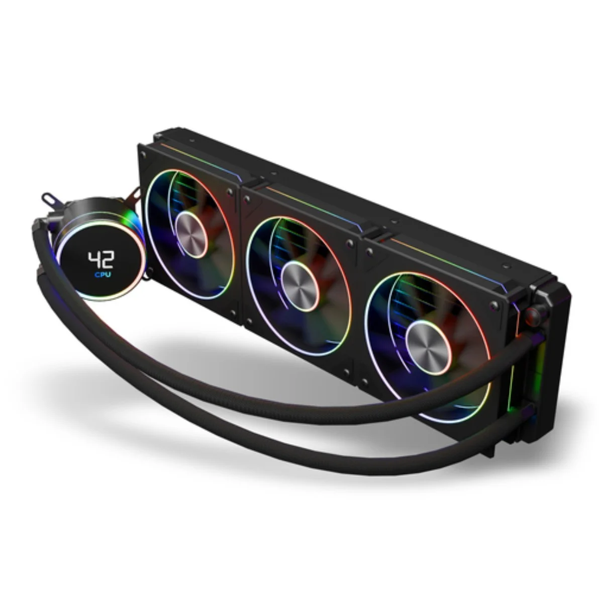 Un dissipatore CPU nero con tre ventole e illuminazione RGB, mostra 42 gradi.