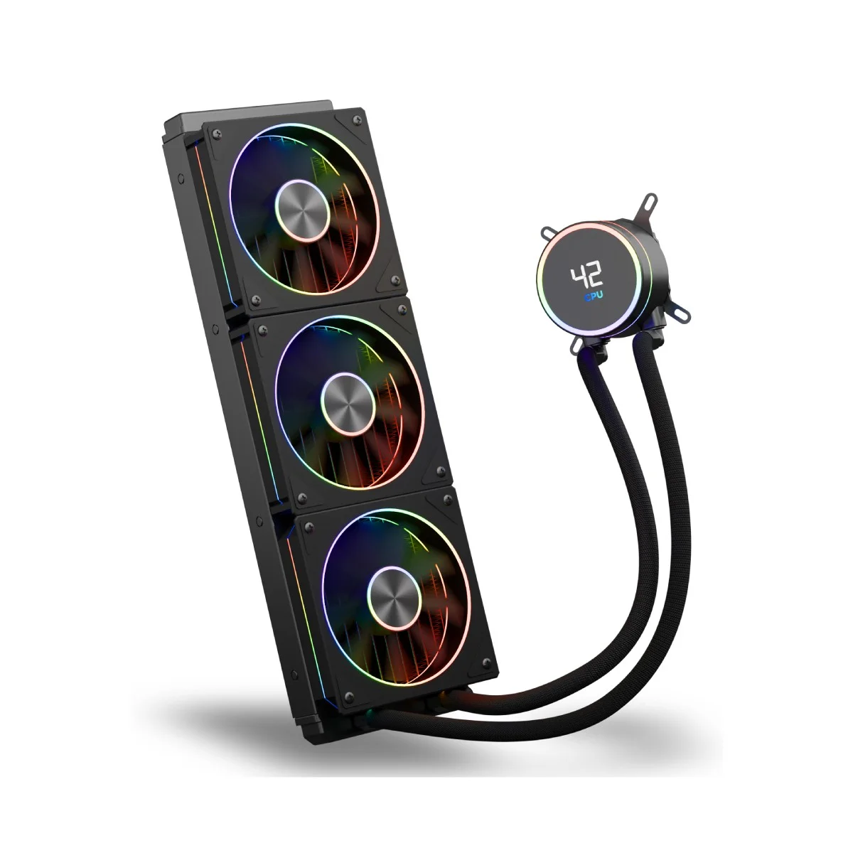 Un dissipatore CPU per computer nero con tre ventole e una pompa circolare con display digitale.