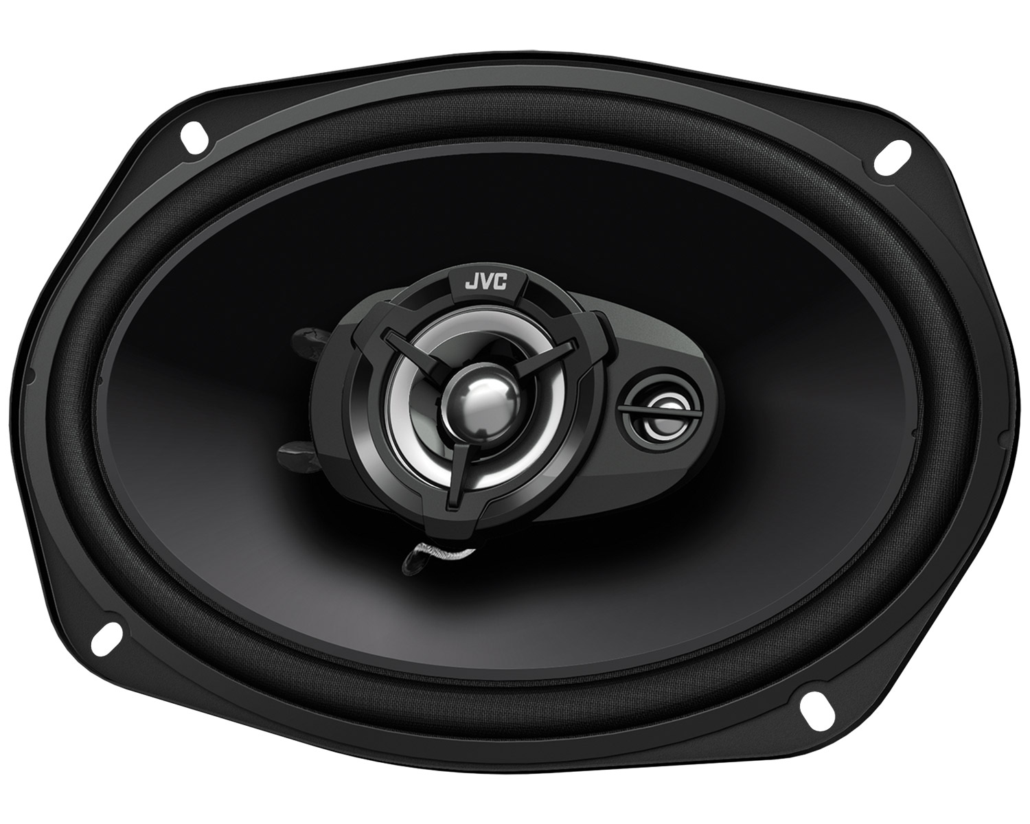 Black oval JVC speaker with silver tweeter and black surround.