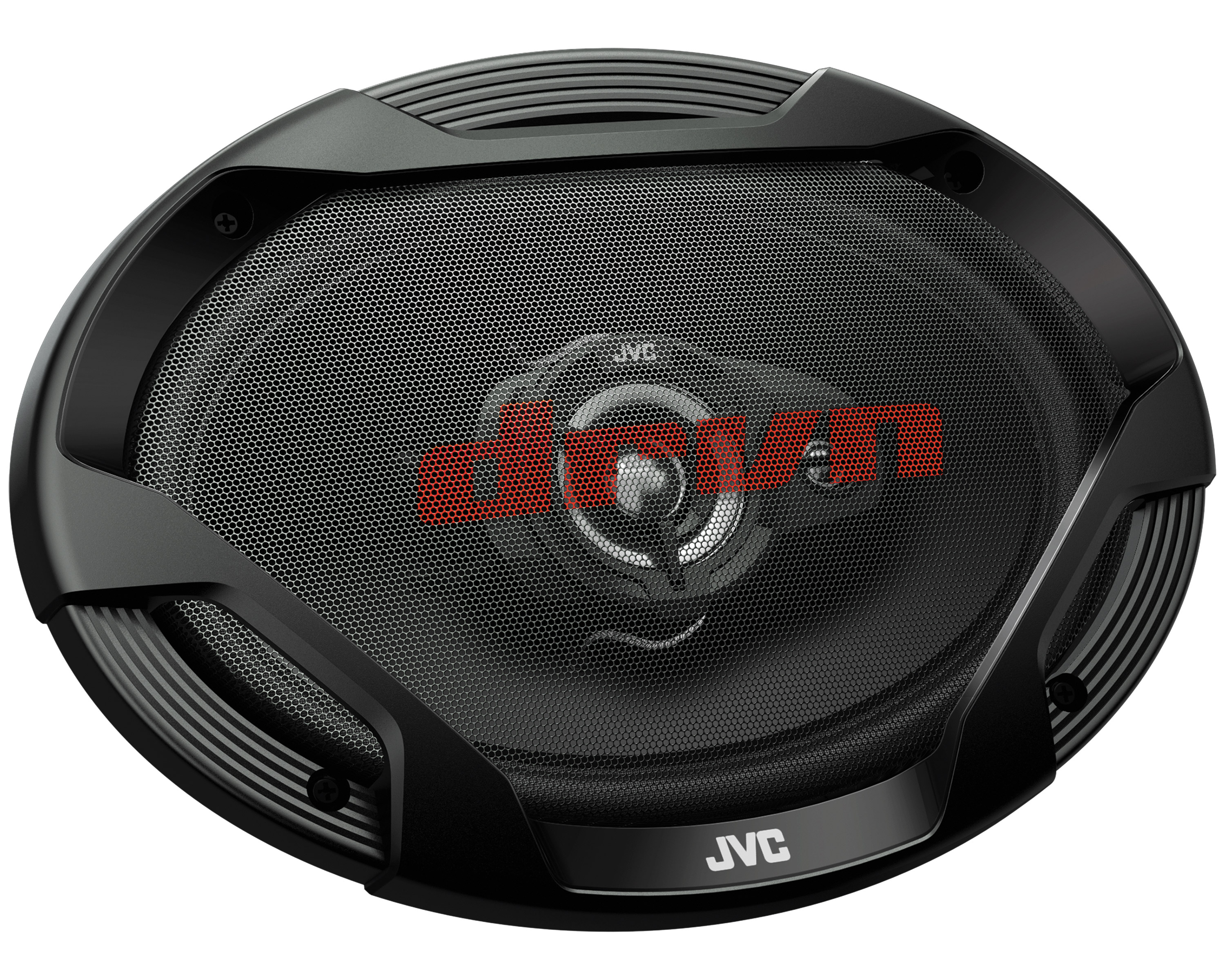 Black JVC speaker with silver mesh grille and red logo.