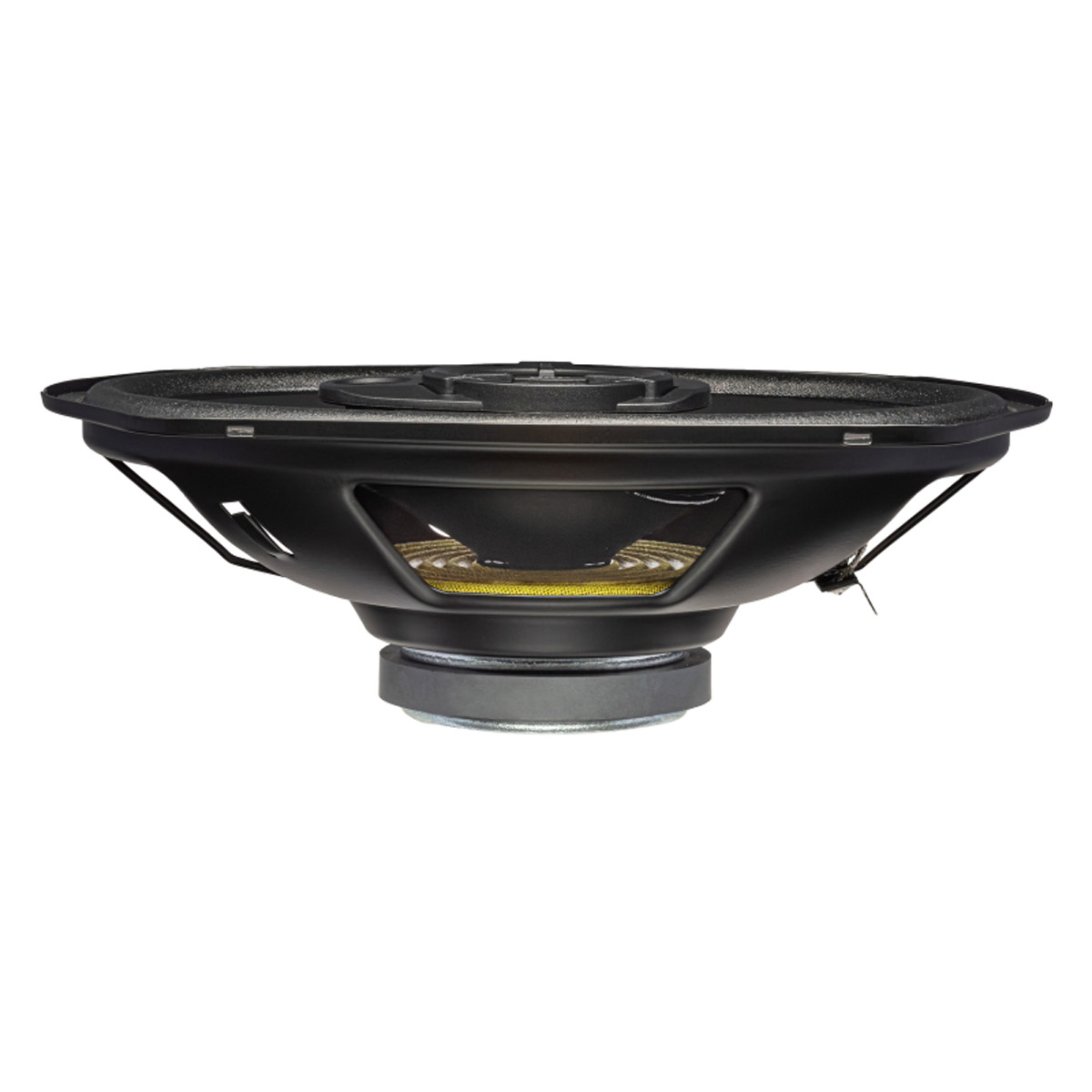 A black oval speaker with a yellow cone is shown from the side on a white background.