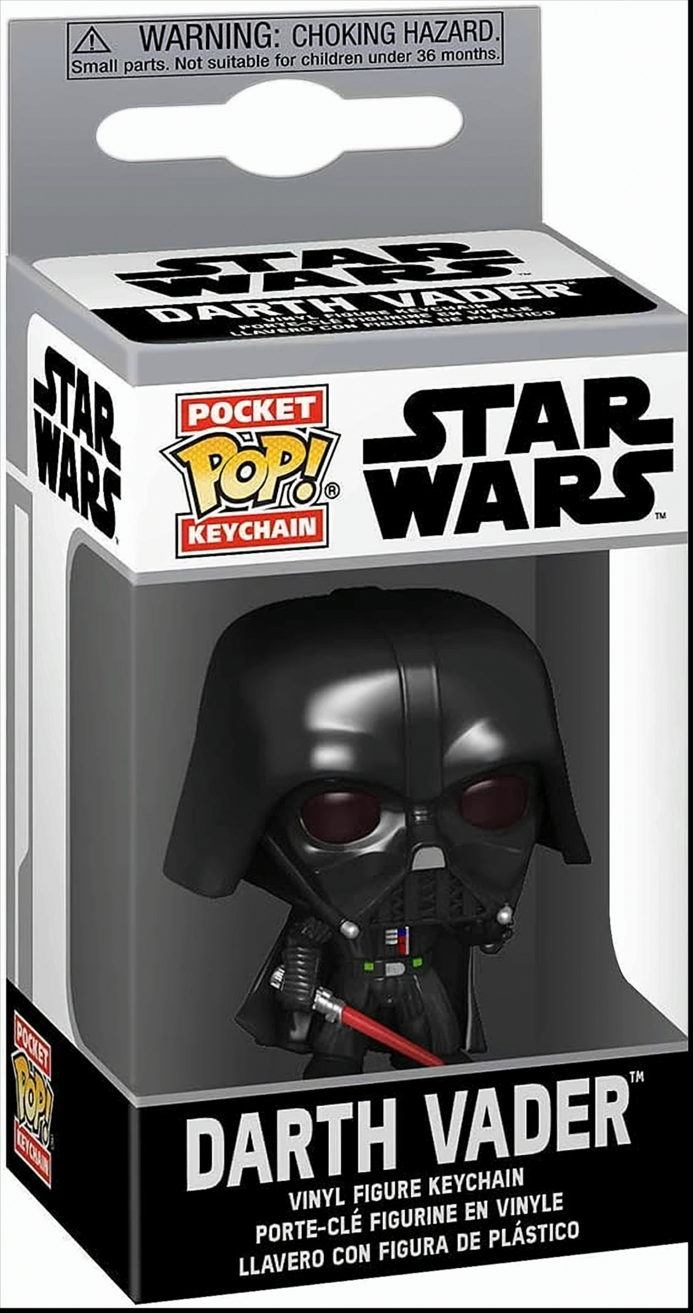 Verpackung eines Darth Vader Pocket Pop! Schlüsselanhängers mit Warnhinweis.