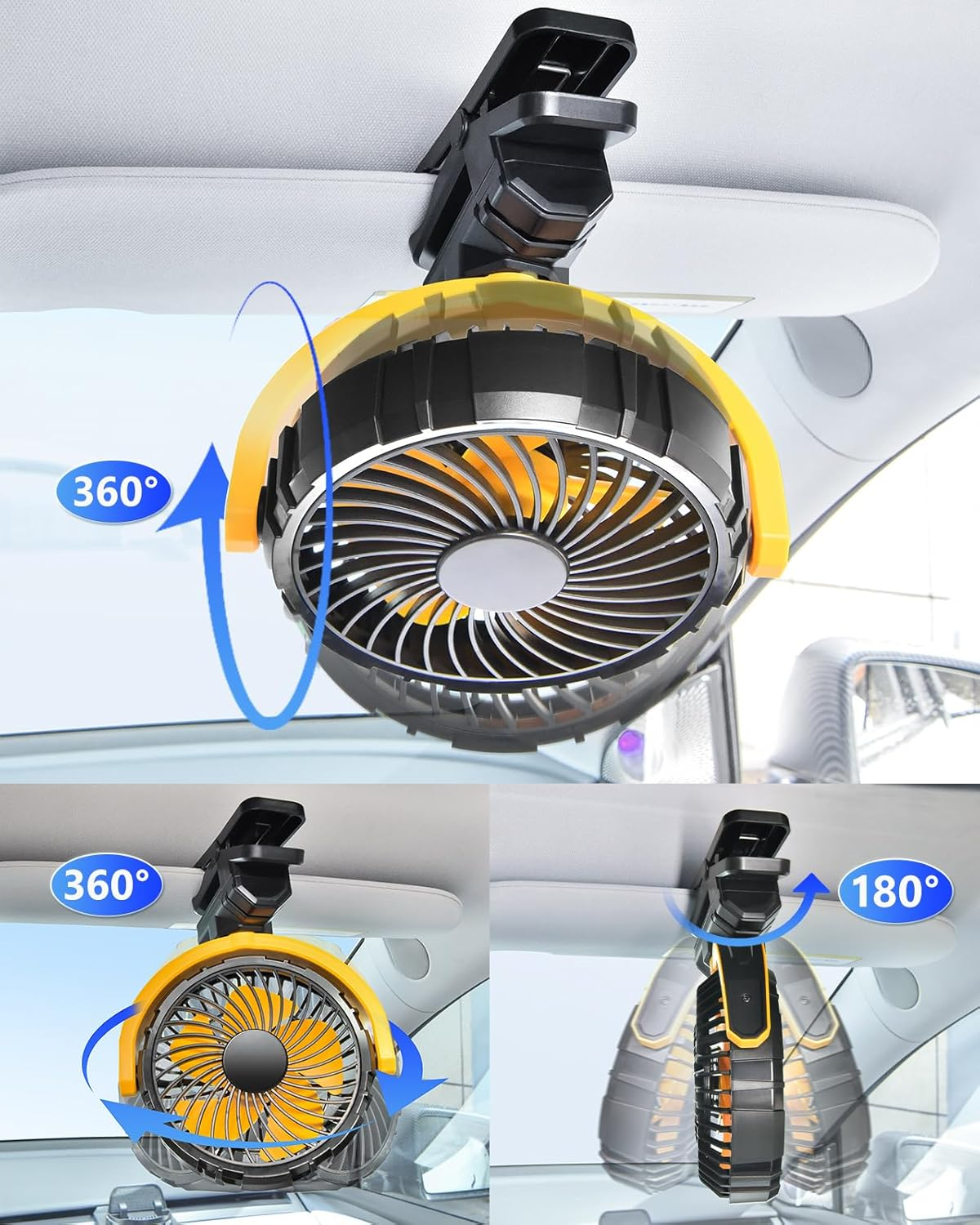 Ein gelber Clip-Ventilator im Auto, der sich um 360 Grad dreht.