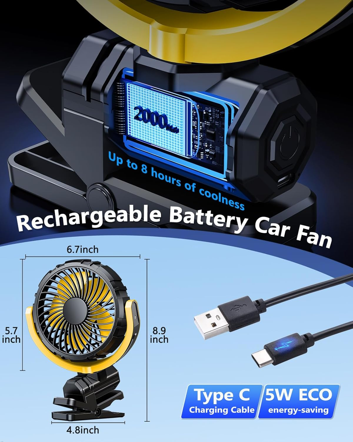 Wiederaufladbarer Auto-Ventilator mit 2000mAh Akku, Typ C Kabel, 5W ECO.