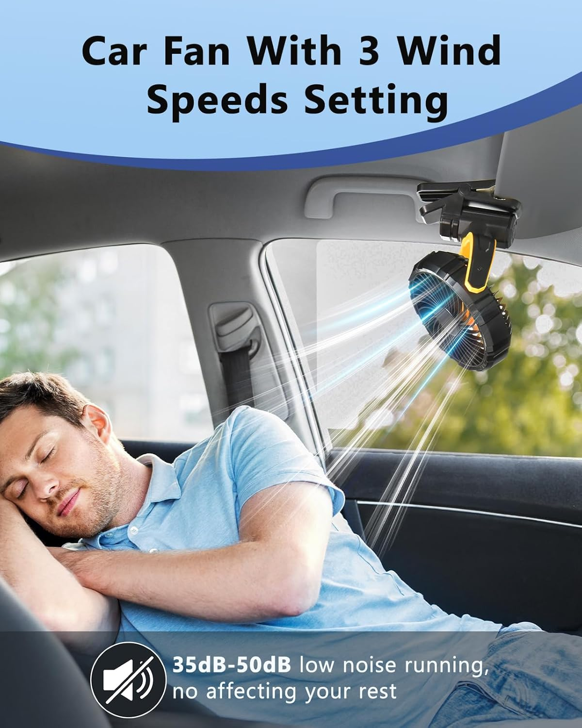 Ein Mann schläft im Auto, ein Lüfter bläst Luft. Text: "3 Wind Geschwindigkeiten".