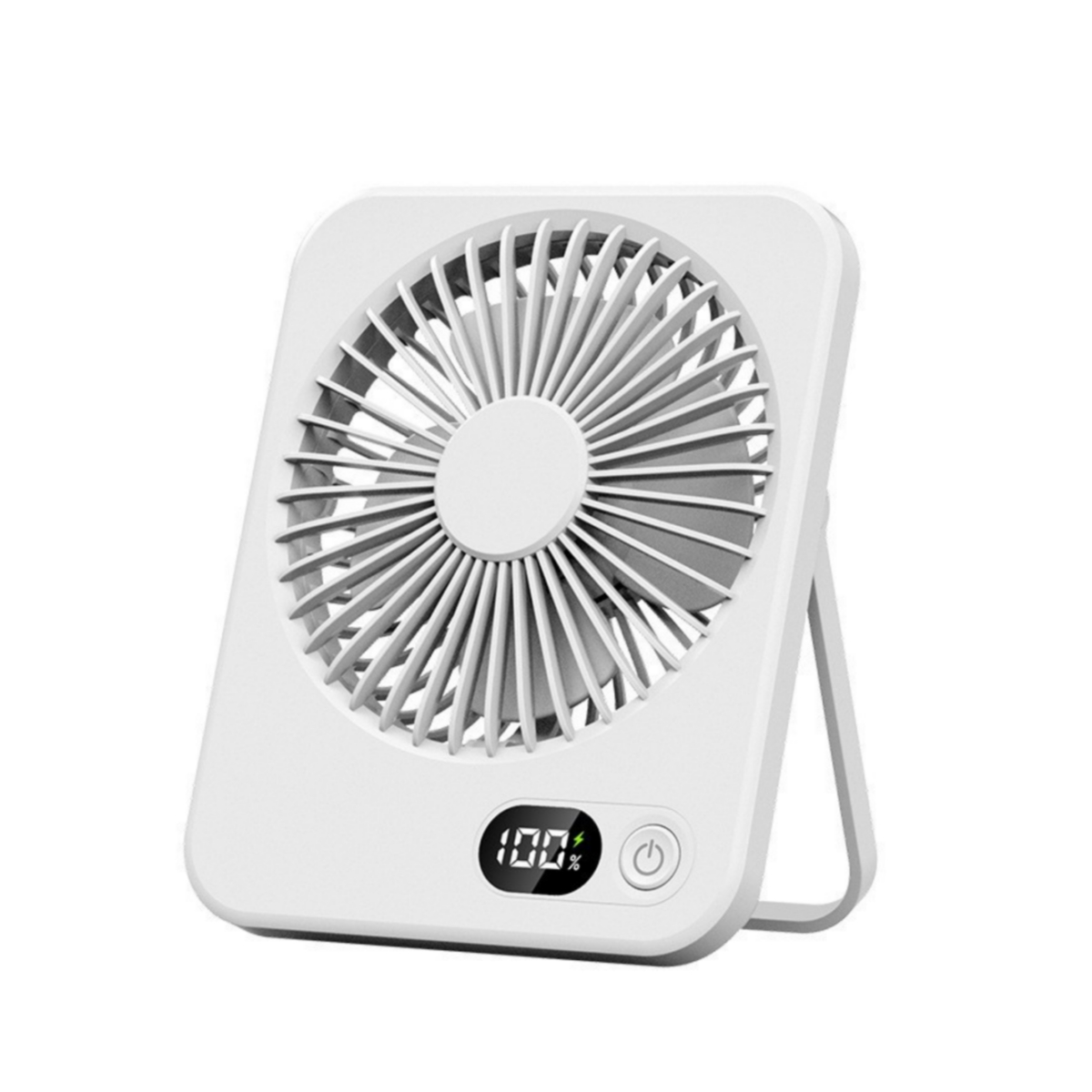 Ein weißer Ventilator mit digitalen Prozentanzeigen und Ein-/Aus-Symbol.