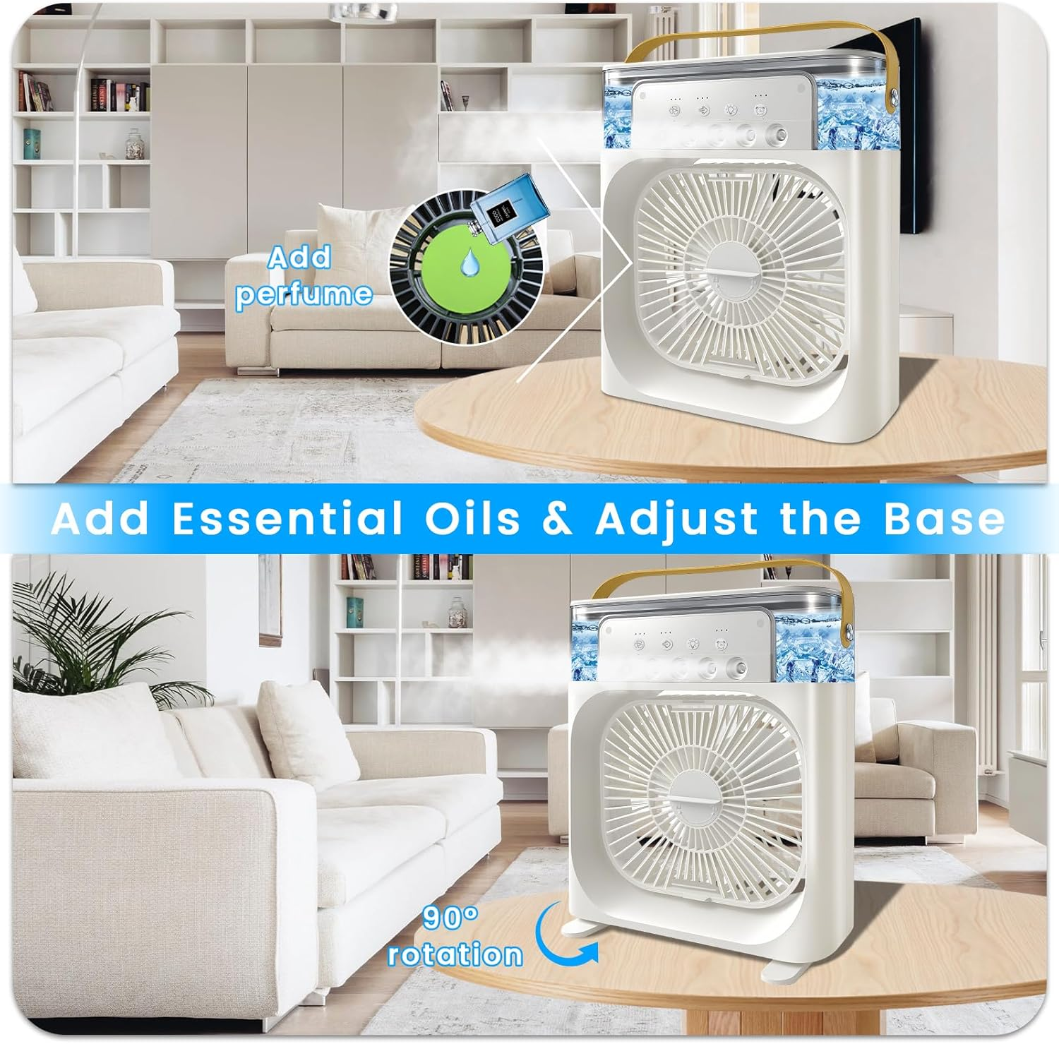 Weißer Ventilator mit Wassertank, der auf einem Holztisch steht. Oben wird Parfüm hinzugefügt.