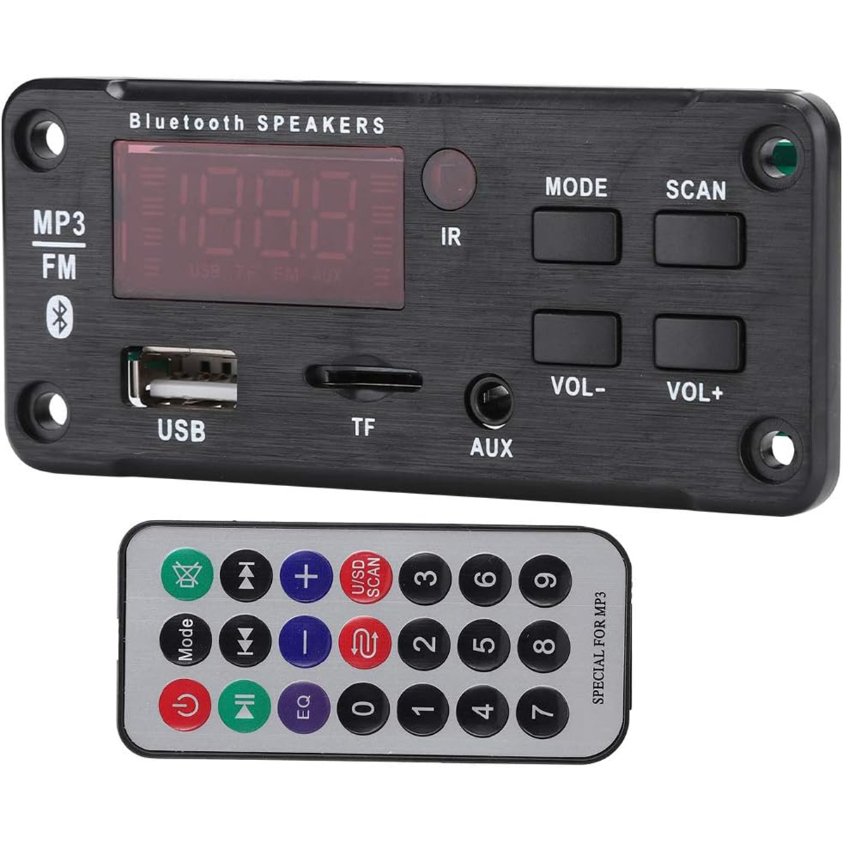 Ein schwarzes Bluetooth-Lautsprecher-Modul mit Fernbedienung und rotem Display.