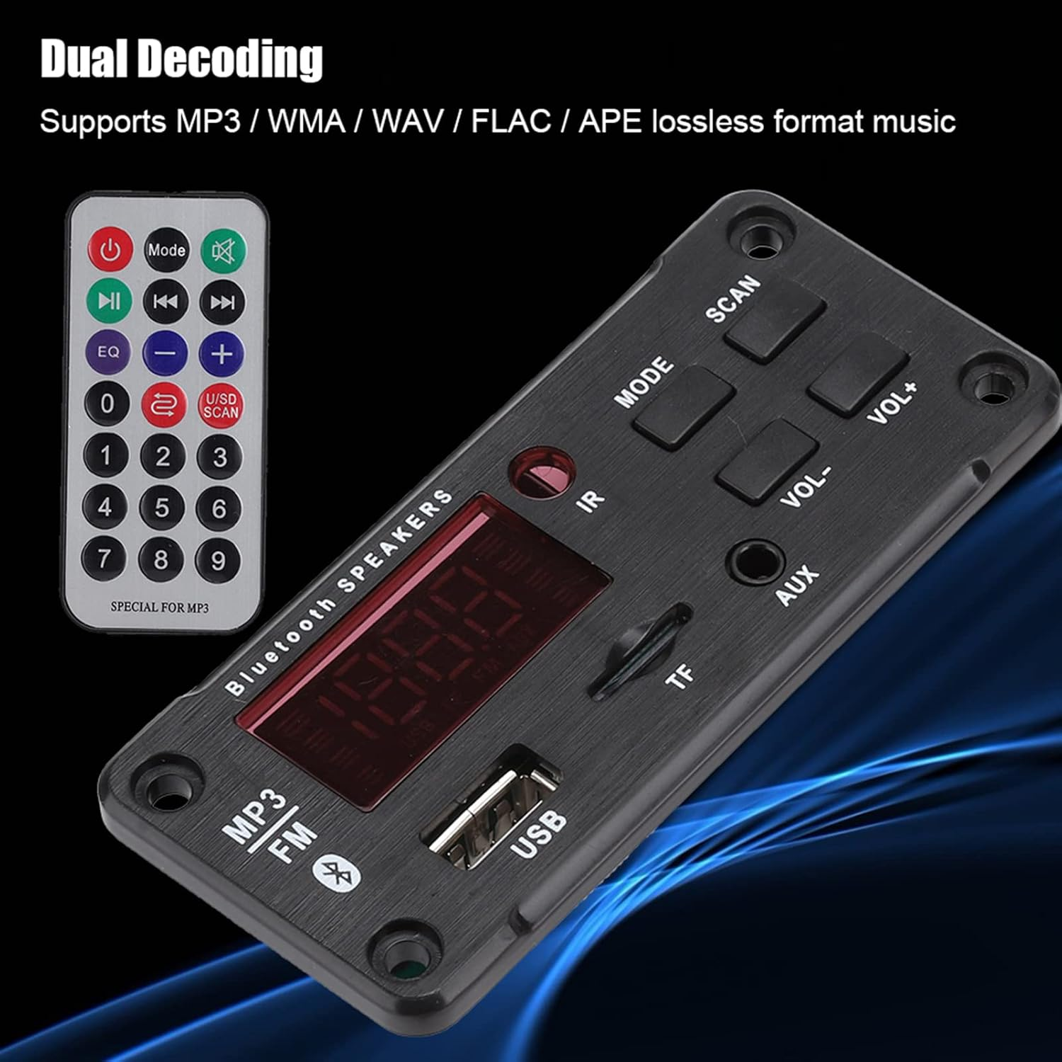 Ein MP3-Player-Decoder-Board mit Fernbedienung. Zeigt Songinformationen an.