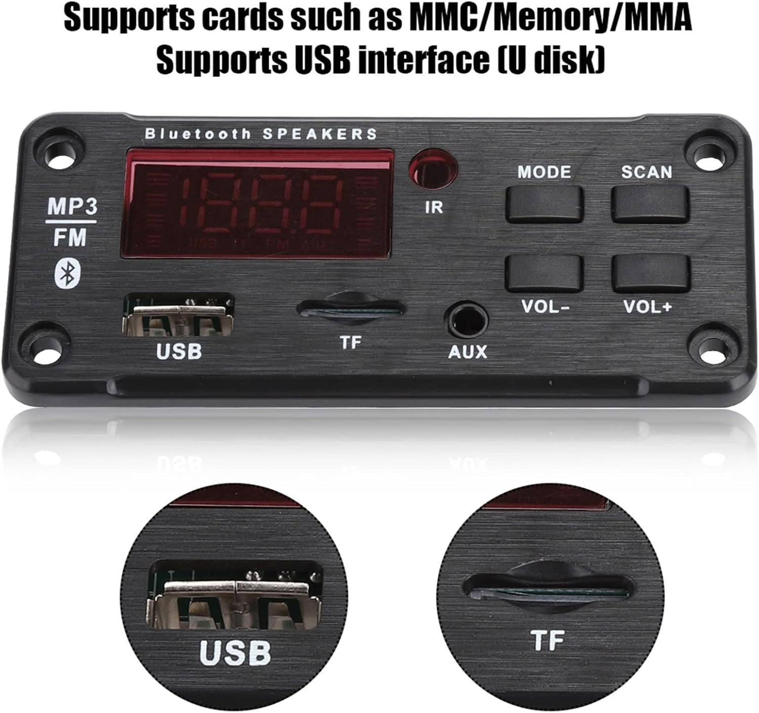 Schwarzes Bluetooth MP3/FM-Lautsprechermodul mit USB, TF, AUX-Anschlüssen und Tasten.