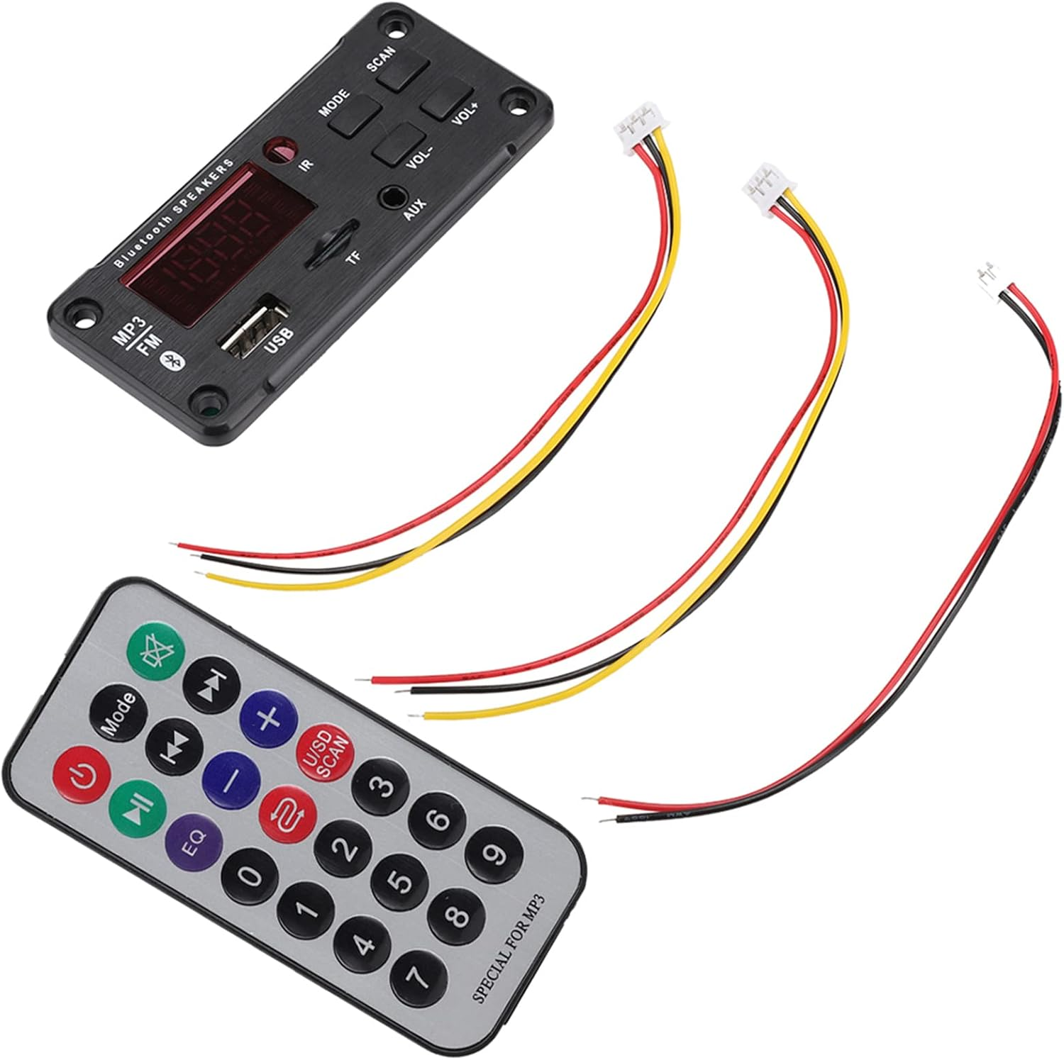 Eine schwarze Bluetooth-Audio-Decoderplatine und eine Fernbedienung mit Kabeln.