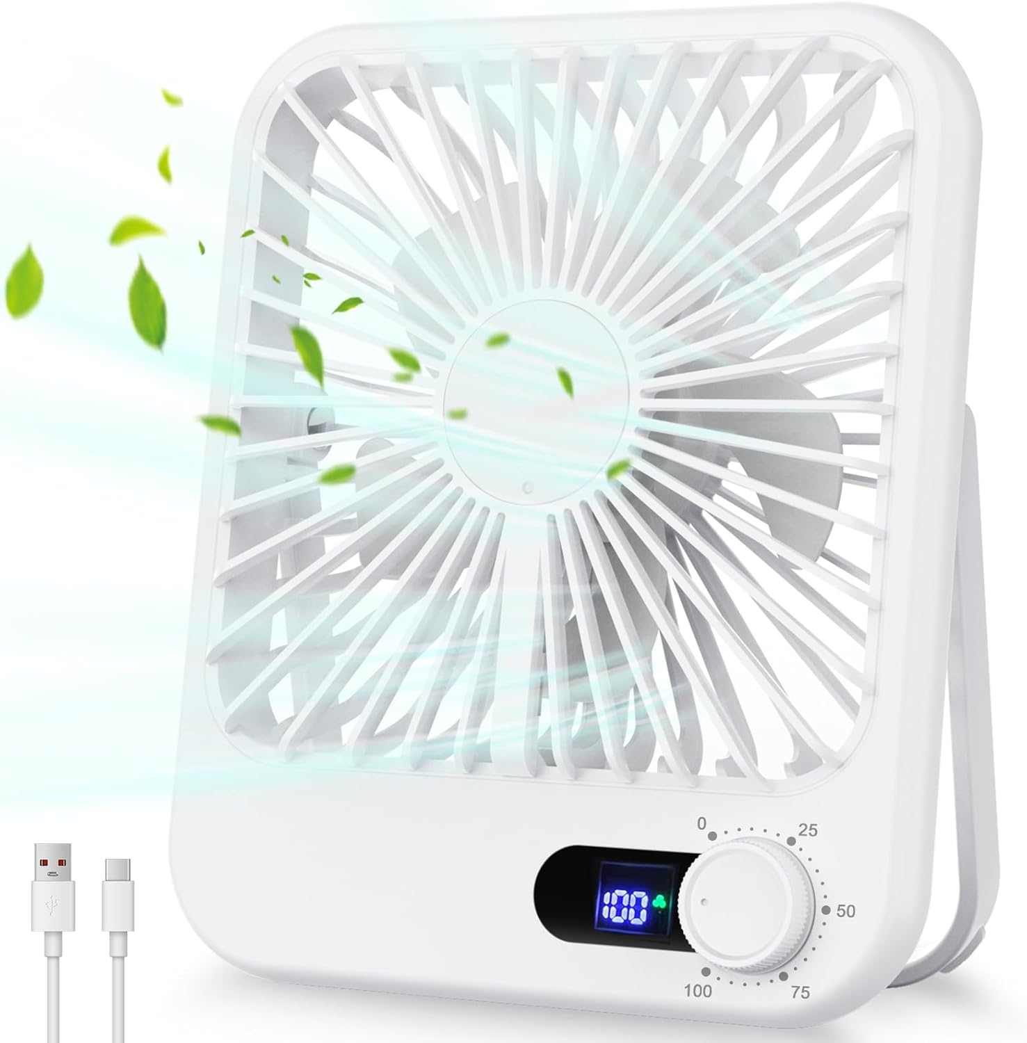 Ein weißer Ventilator mit einem digitalen Display, das 100% anzeigt.