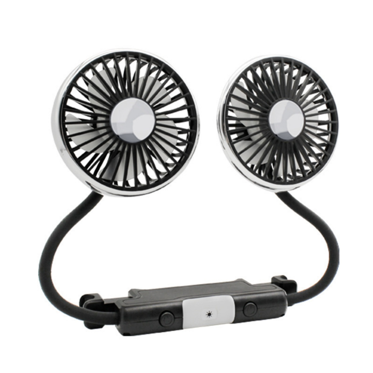 Ein tragbarer Nackenventilator mit zwei Lüfterköpfen und einem schwarzen Gehäuse.