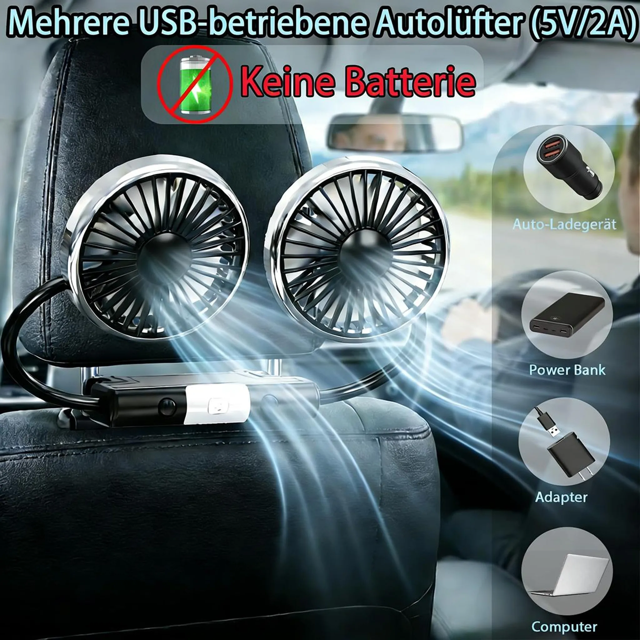 Zwei USB-betriebene Autolüfter auf schwarzem Leder-Autositz. Keine Batterie.