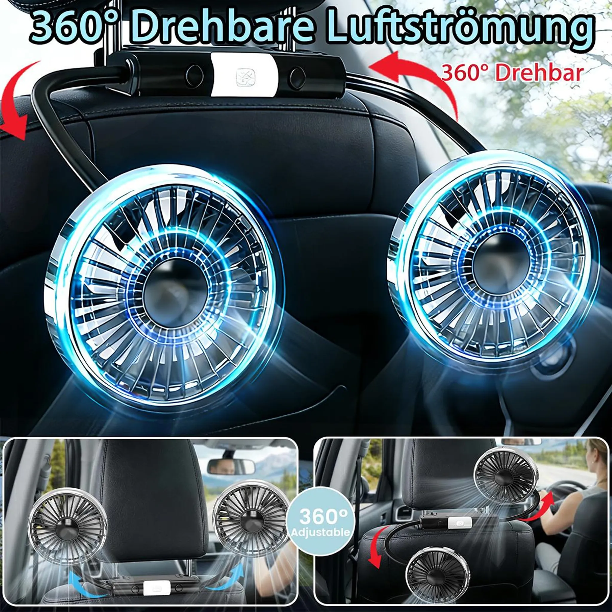 Zwei drehbare Auto-Ventilatoren mit blauen Lichtern, montiert an Kopfstützen.