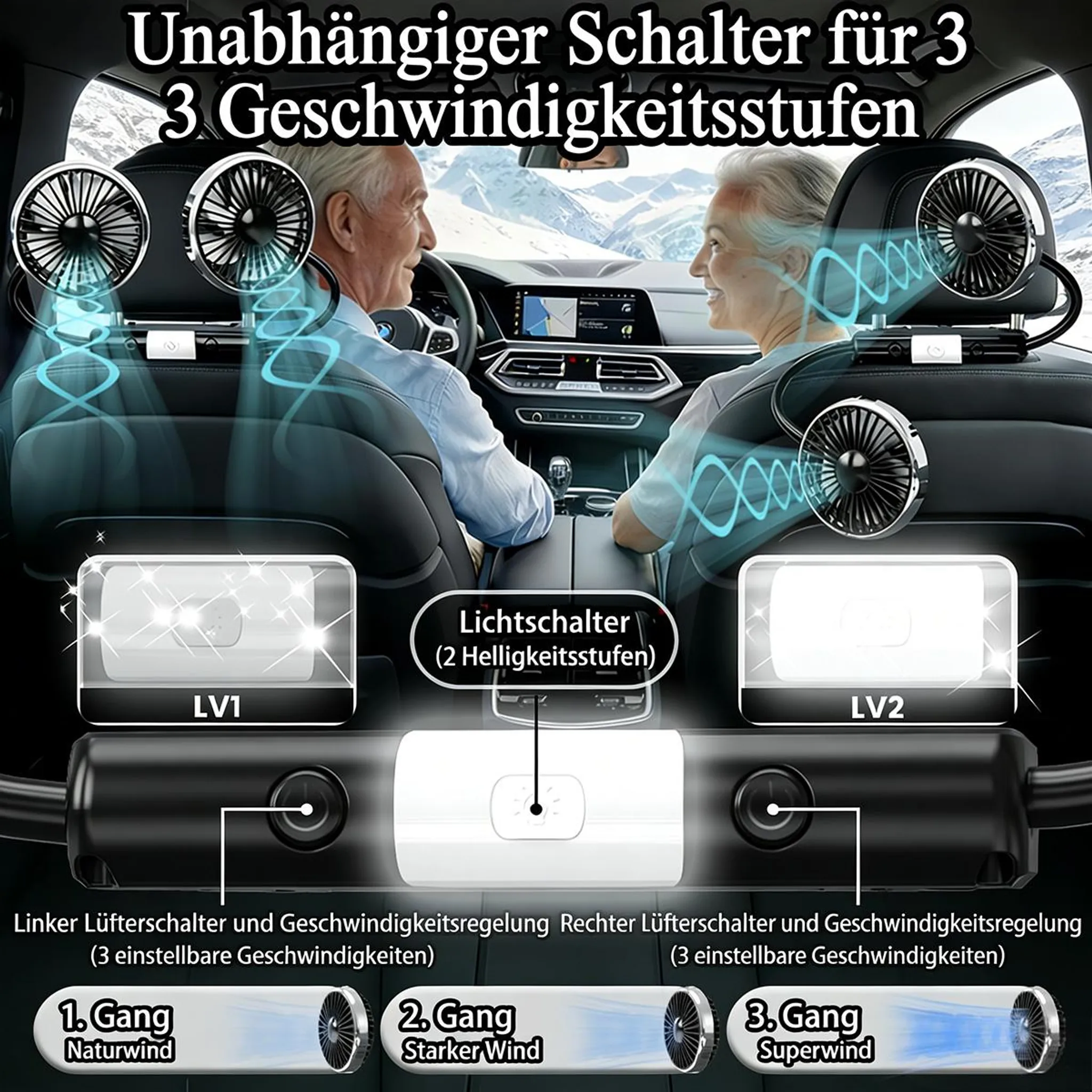 Zwei Lüfter für Rücksitze mit unabhängigen Bedienelementen und ein Lichtschalter.
