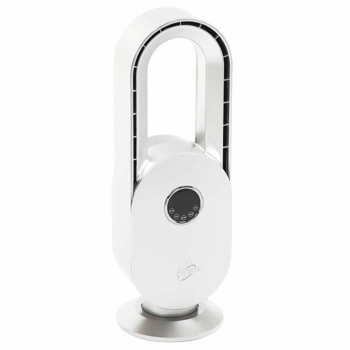 Ein moderner, weißer Turmventilator mit silbernem Akzent und schwarzem Bedienfeld.