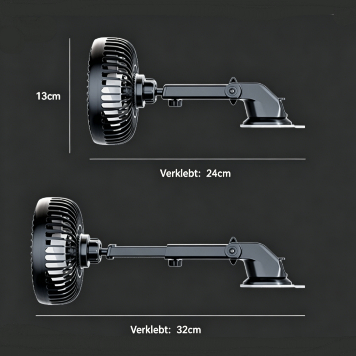 Zwei schwarze Ventilatoren auf verstellbaren Armen, einer 13cm hoch, der andere länger.
