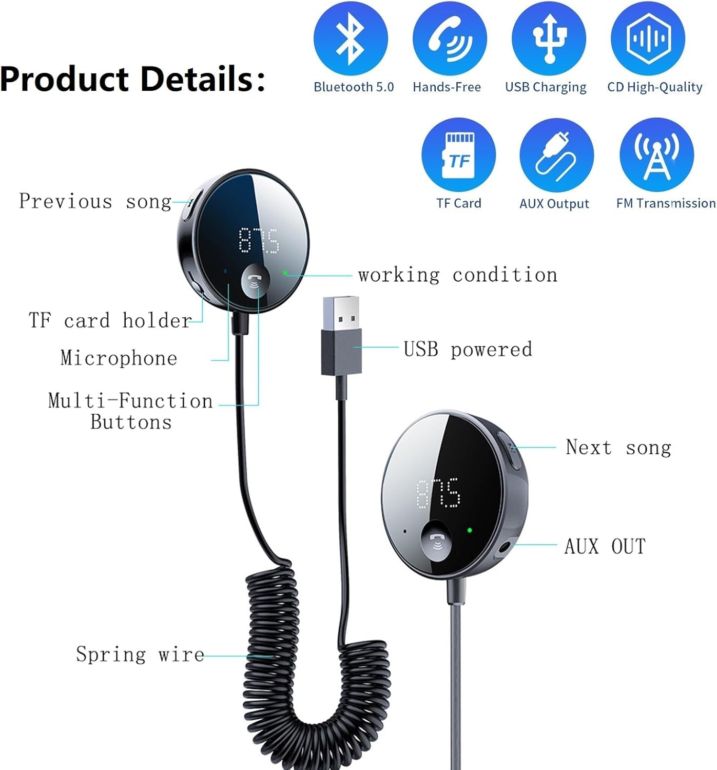 Zwei schwarze Bluetooth-Audio-Adapter mit digitalen Displays und Federkabeln.