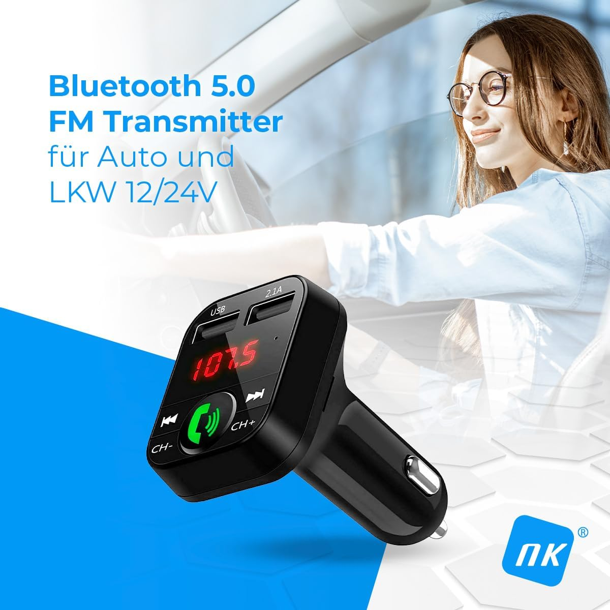 Ein schwarzer Bluetooth 5.0 FM-Sender mit rotem Display für Autos und LKWs.