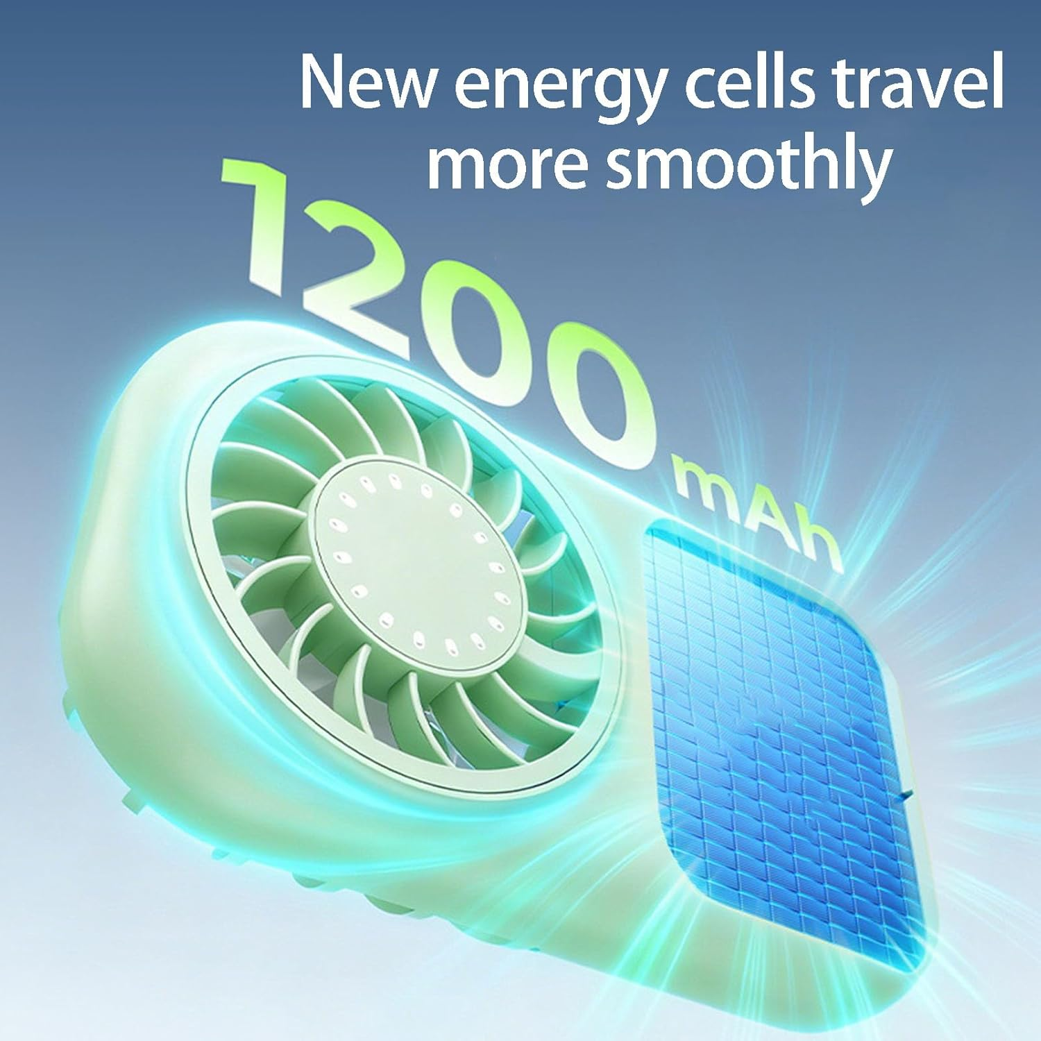 Grüner Ventilator mit 1200 mAh und blauer Solarpanel-Oberfläche.