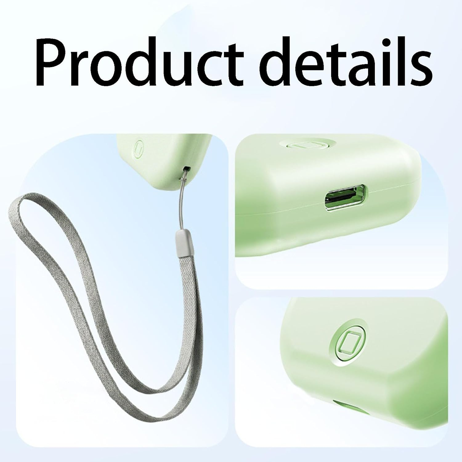Hellgrünes Gerät mit USB-Anschluss, Schlaufe und Knopf. Produkt-Details.