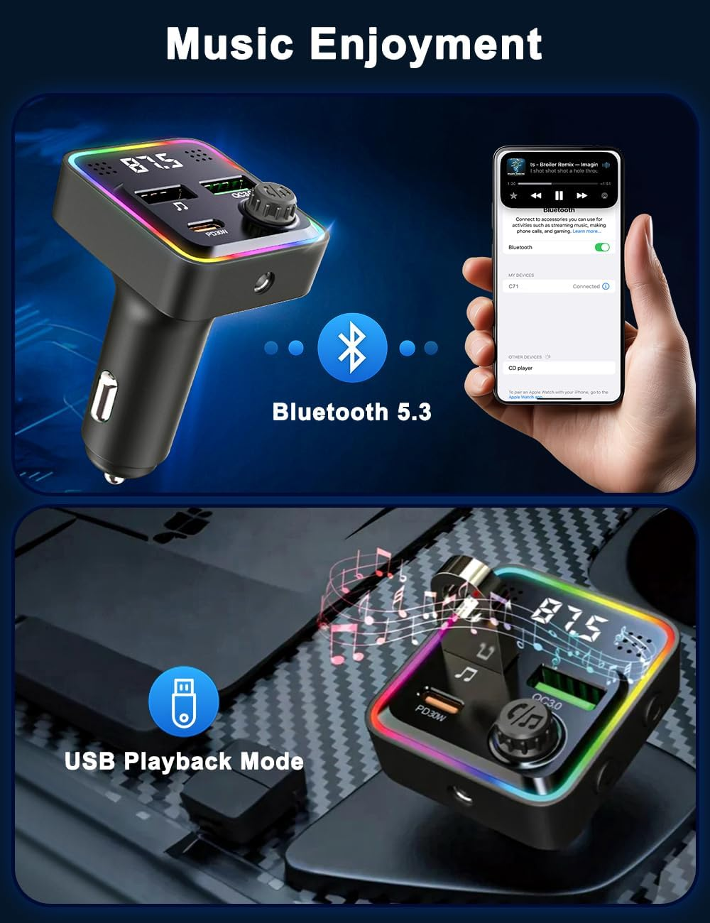 Ein Bluetooth-Sender mit Musiknoten, der in einem Auto-Zigarettenanzünder steckt.