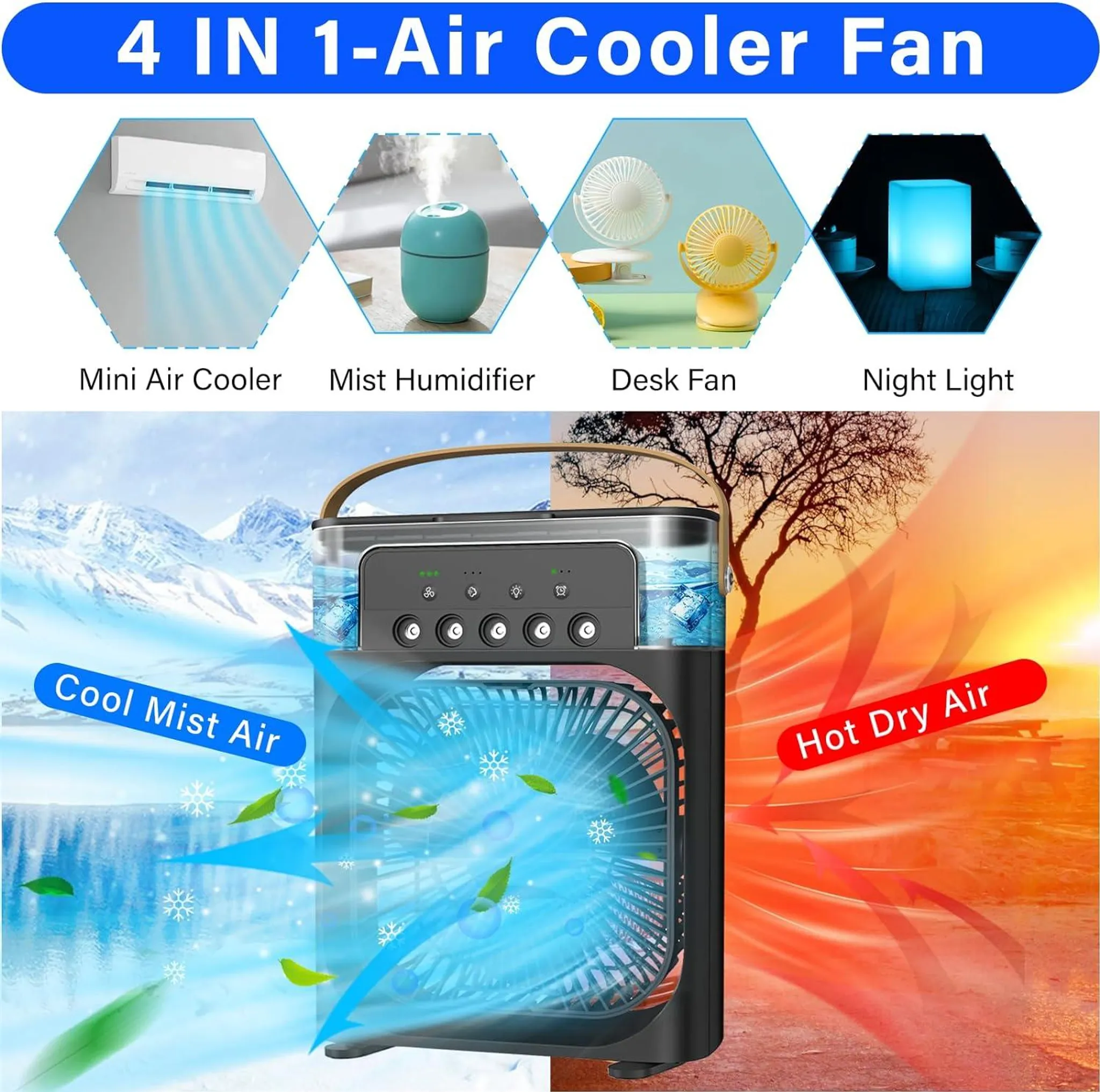 Ein tragbarer 4-in-1-Luftkühler mit Nebel- und Lüfterfunktion, beleuchtet.