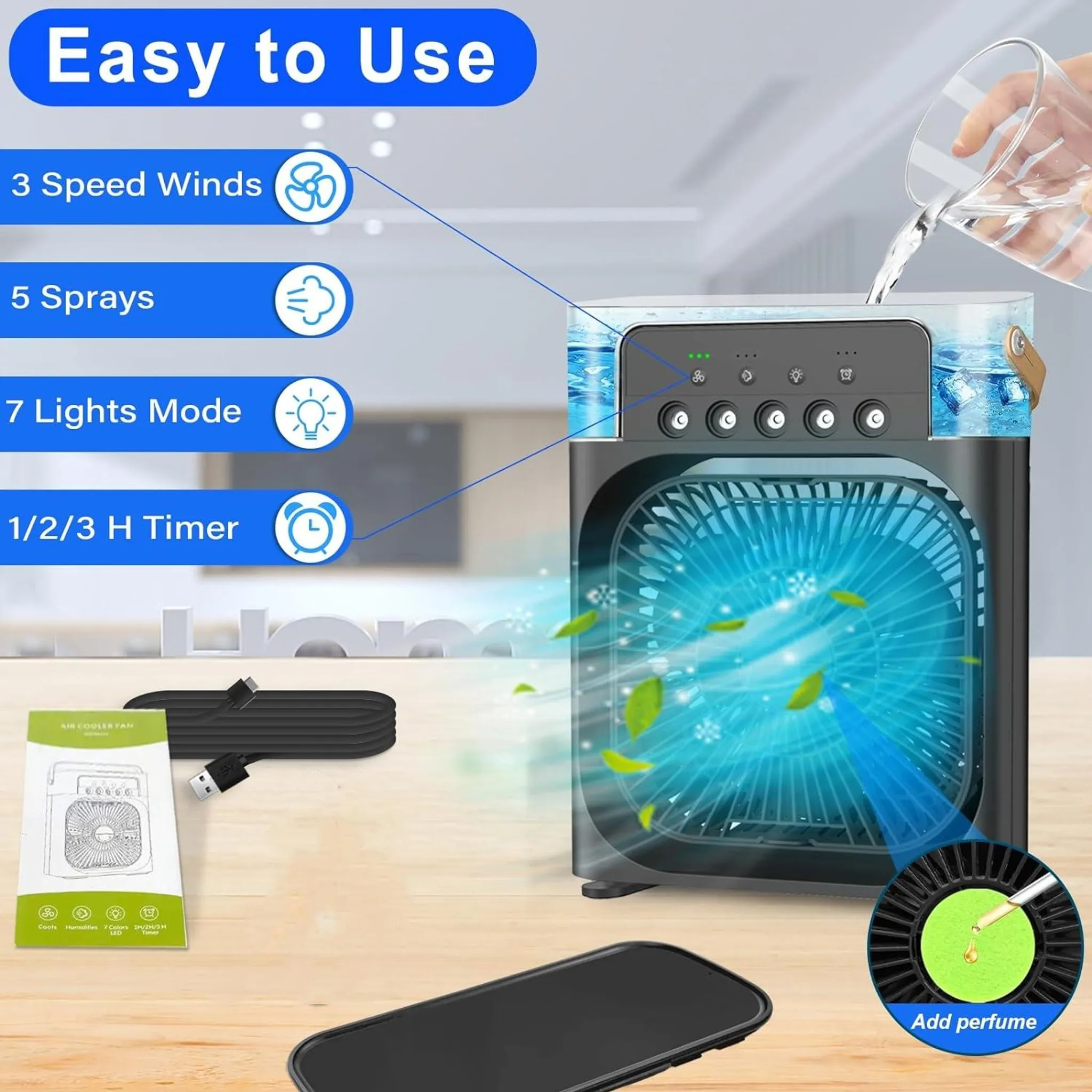 Tragbarer Mini-Luftkühler mit Lüfter, Wassertank, USB-Kabel und Duftspender.