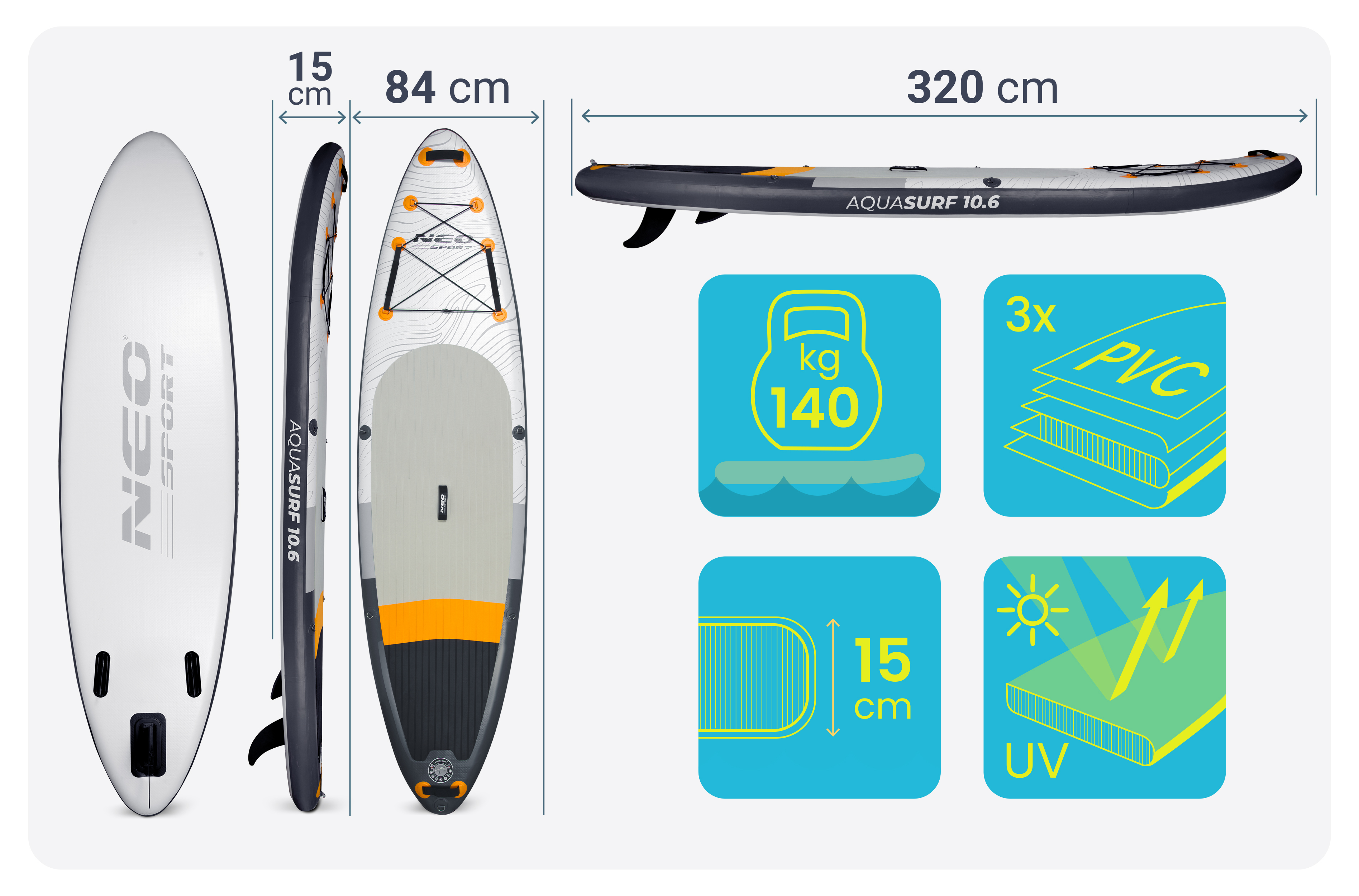 Deska SUP 320x84x15 cm, ładowność 140 kg, 3x PVC.