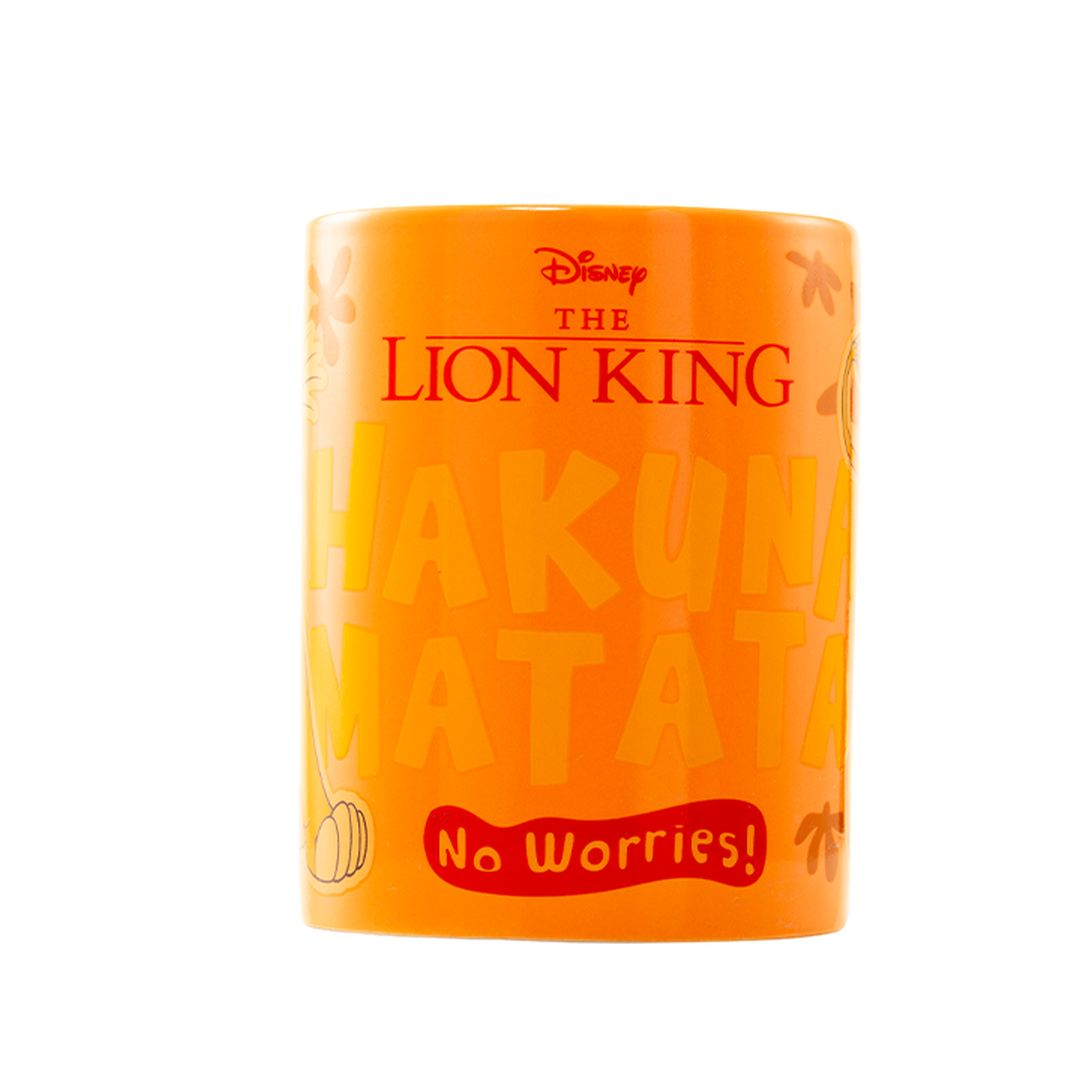 Pomarańczowy kubek z logo Disneya 'Król Lew' i napisem 'Hakuna Matata'.