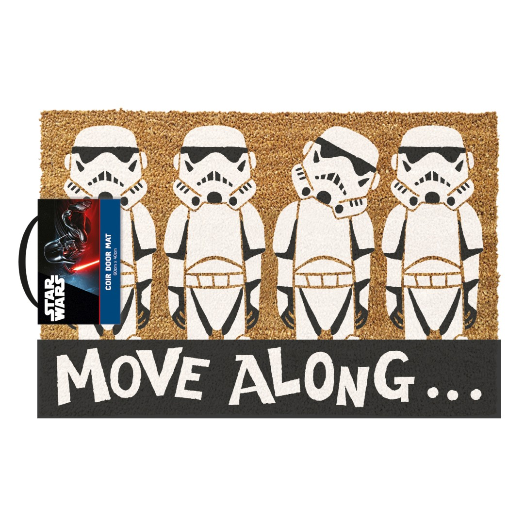 Mata kokosowa z czterema białymi szturmowcami i napisem „MOVE ALONG...”