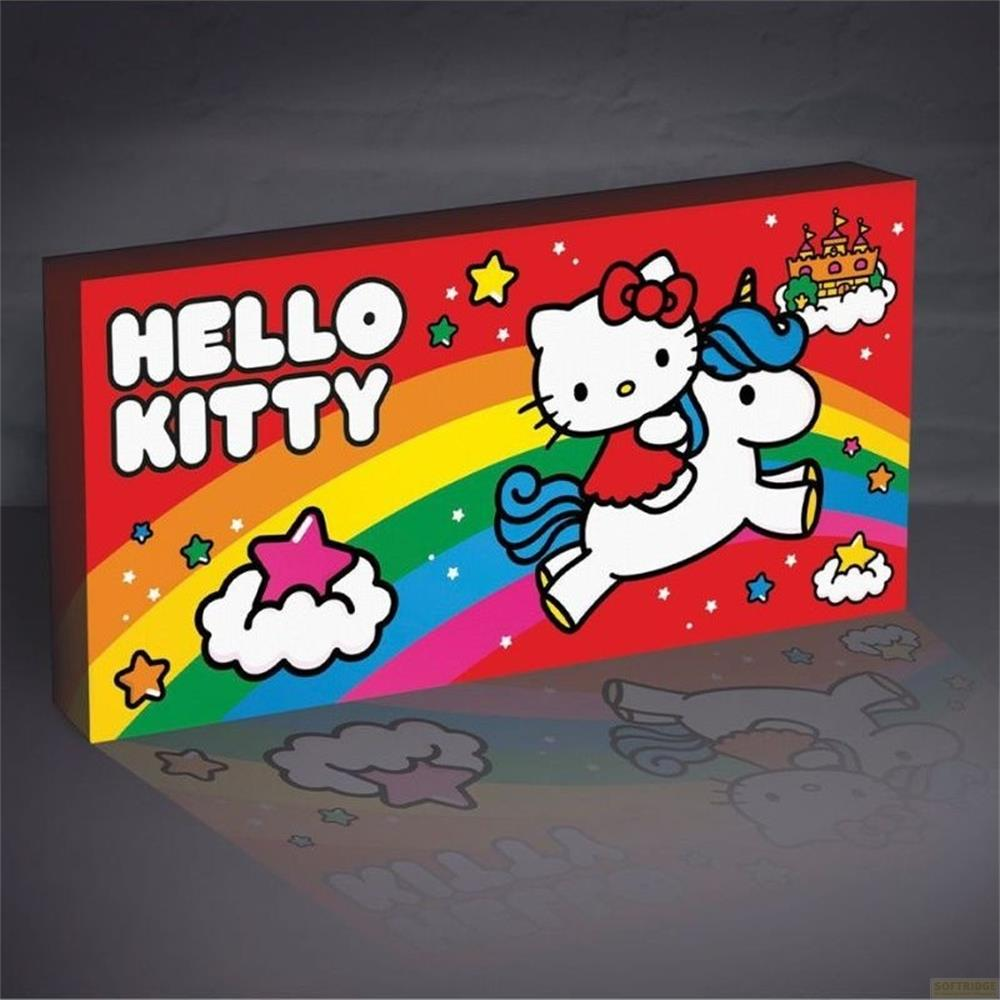 Hello Kitty reitet auf einem Einhorn vor einem Regenbogen und Wolken.