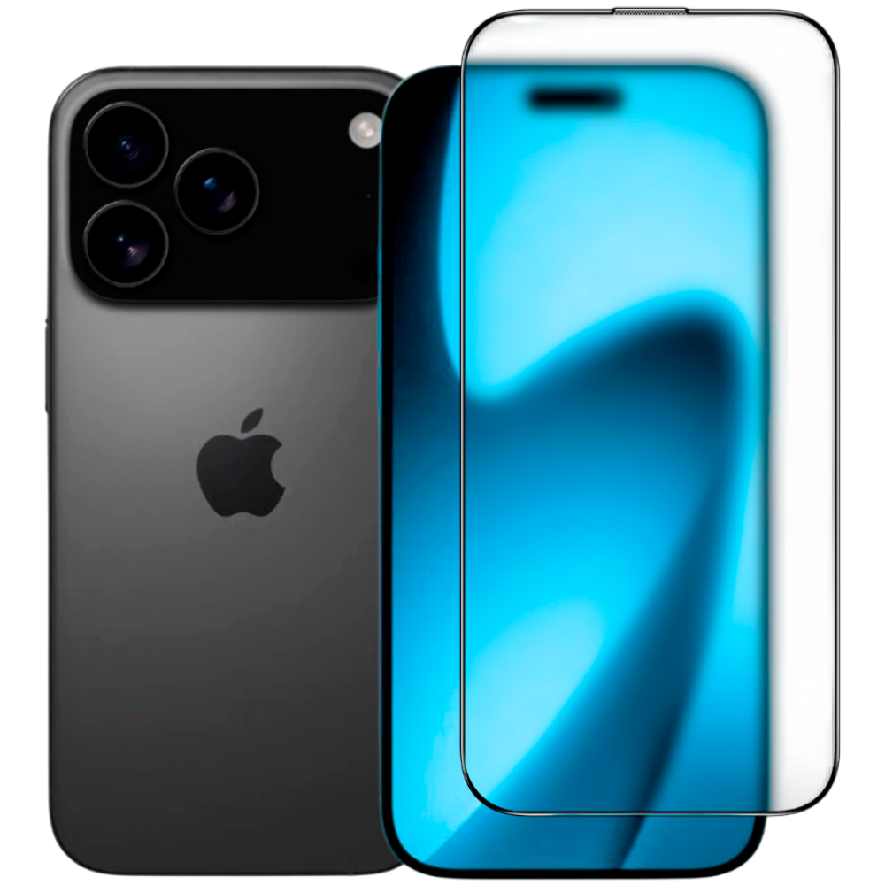 iPhone grigio con tre fotocamere accanto a uno schermo blu.