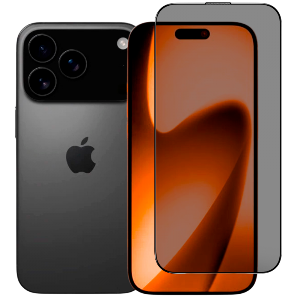 Smartphone grigio scuro con tre fotocamere e logo Apple. Accanto, uno schermo con motivo arancione.